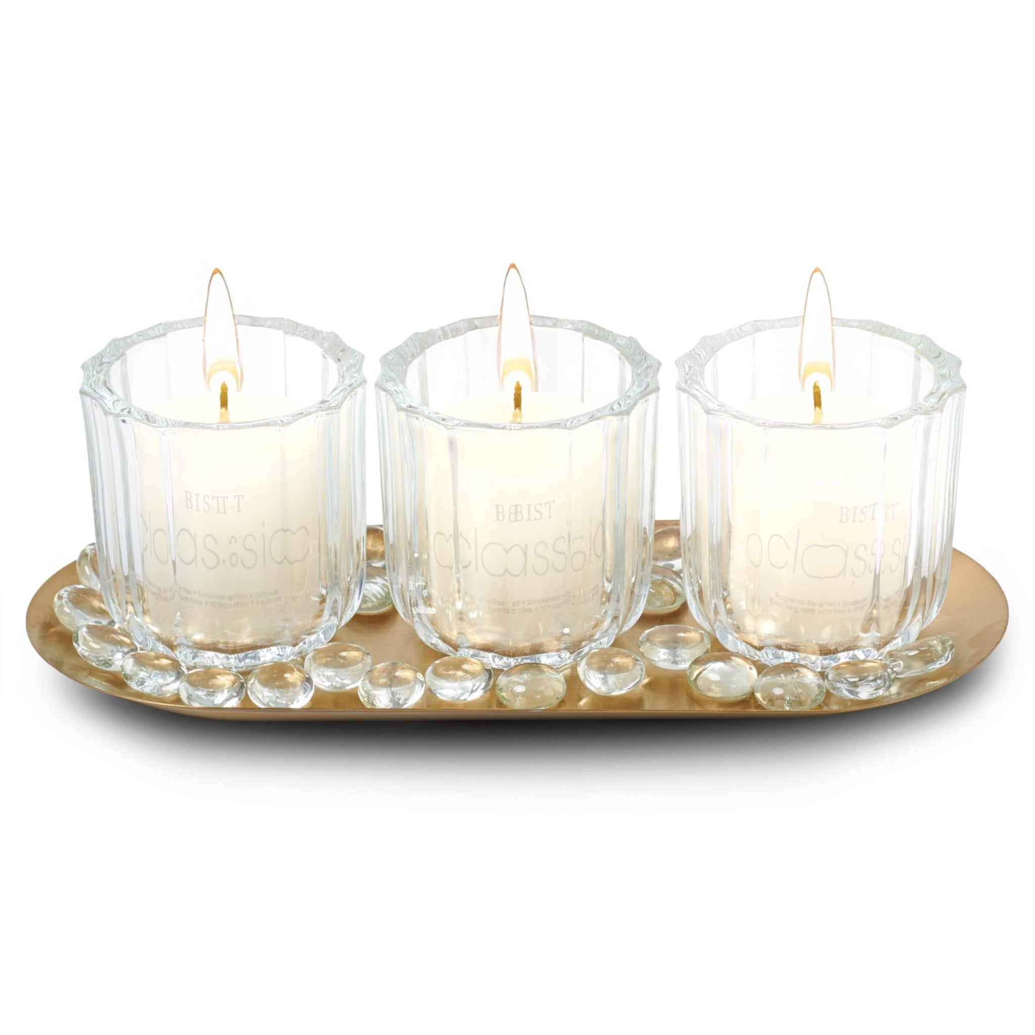 Decorative Votive Candle Holders, Vintage Decor Flameless Candlescape Set, 3 LED Tea Light Candles, Rocks and Tray - Fall Table Decor (Earth Tones)