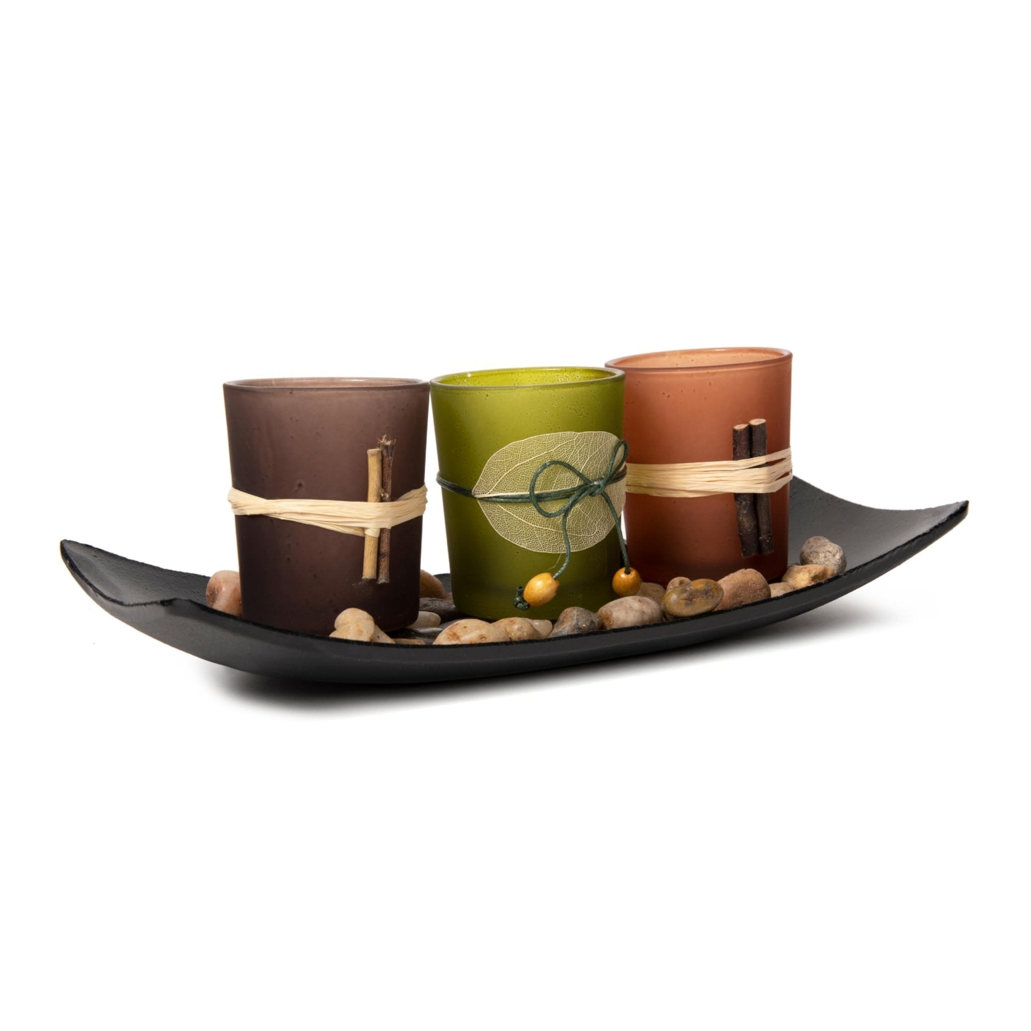 Decorative Votive Candle Holders, Vintage Decor Flameless Candlescape Set, 3 LED Tea Light Candles, Rocks and Tray - Fall Table Decor (Earth Tones)
