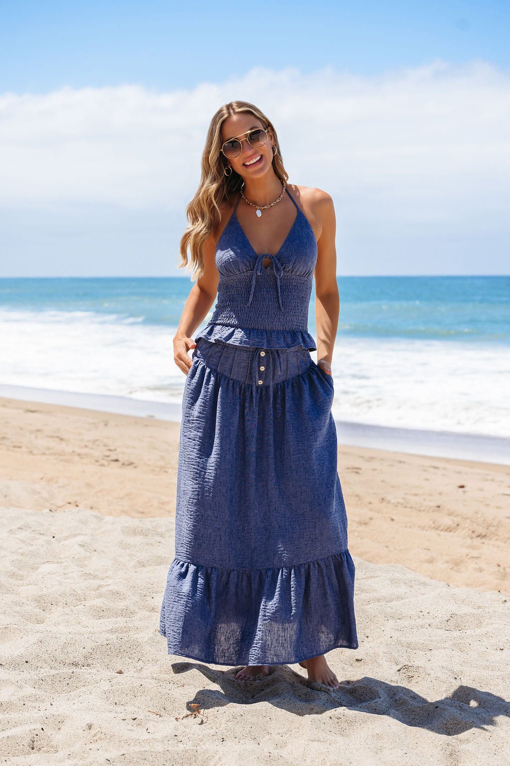 Denim Smocked Ruffle Tiered Maxi Skirt - FINAL SALE