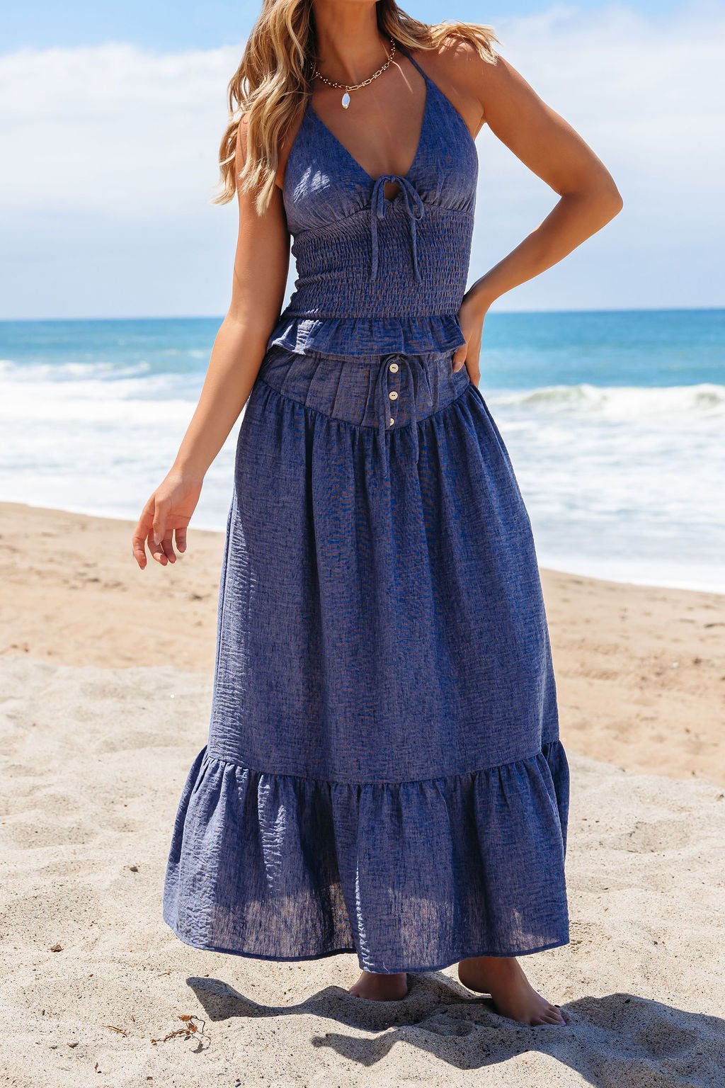 Denim Smocked Ruffle Tiered Maxi Skirt - FINAL SALE