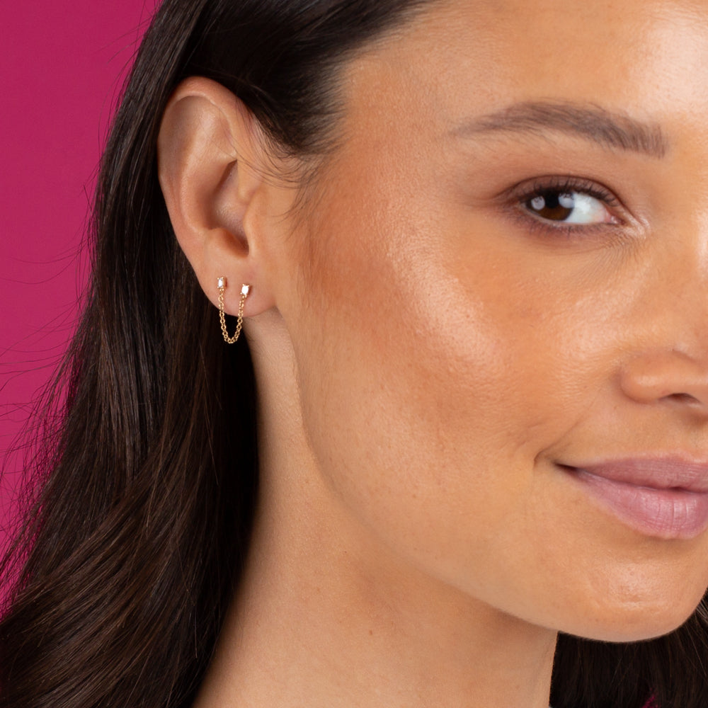 Diamond Double Baguette Chain Stud Earring 14K - Adina's Jewels