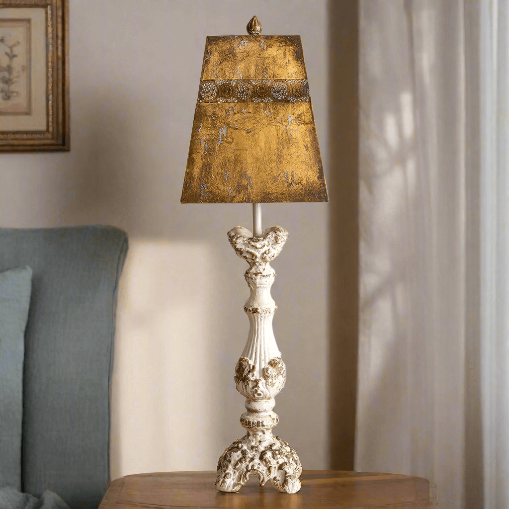 Distressed Antique French Country Lamp & Metal Shade