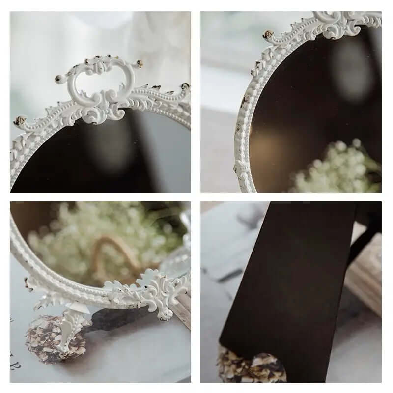 Distressed White Vintage Makeup Mirror with Ornate Pewter Frame