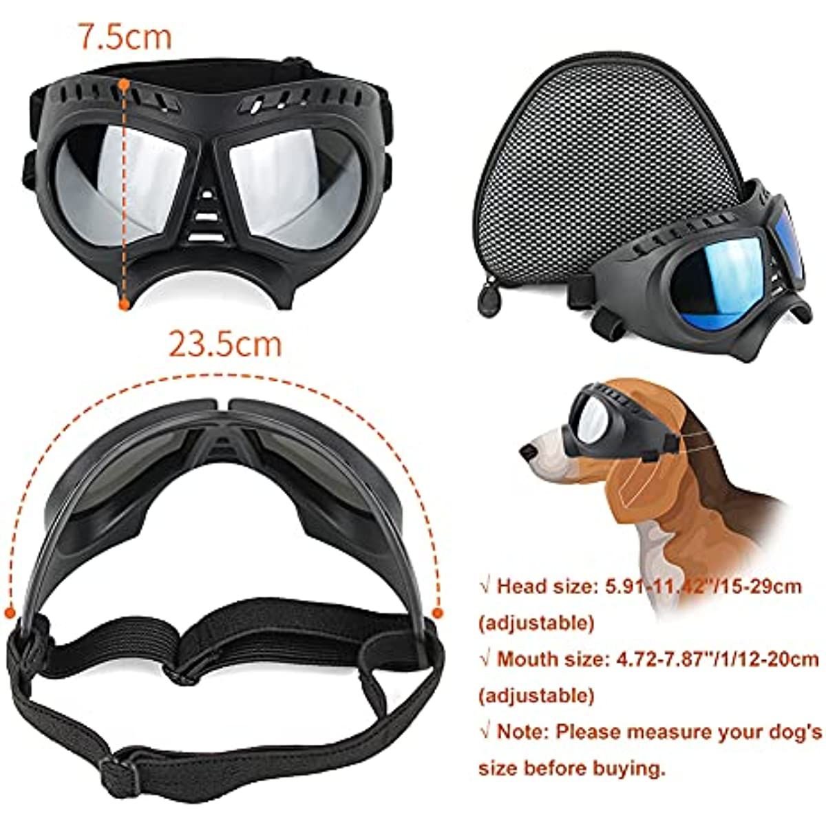 Dog Glasses for Small Breed Dog Goggles Dog UV Sunglasses Windproof Snowproof for Long Snout Dogs Mask with Soft Frame Adjustable Straps Black for Small/Medium Dogs Puppy