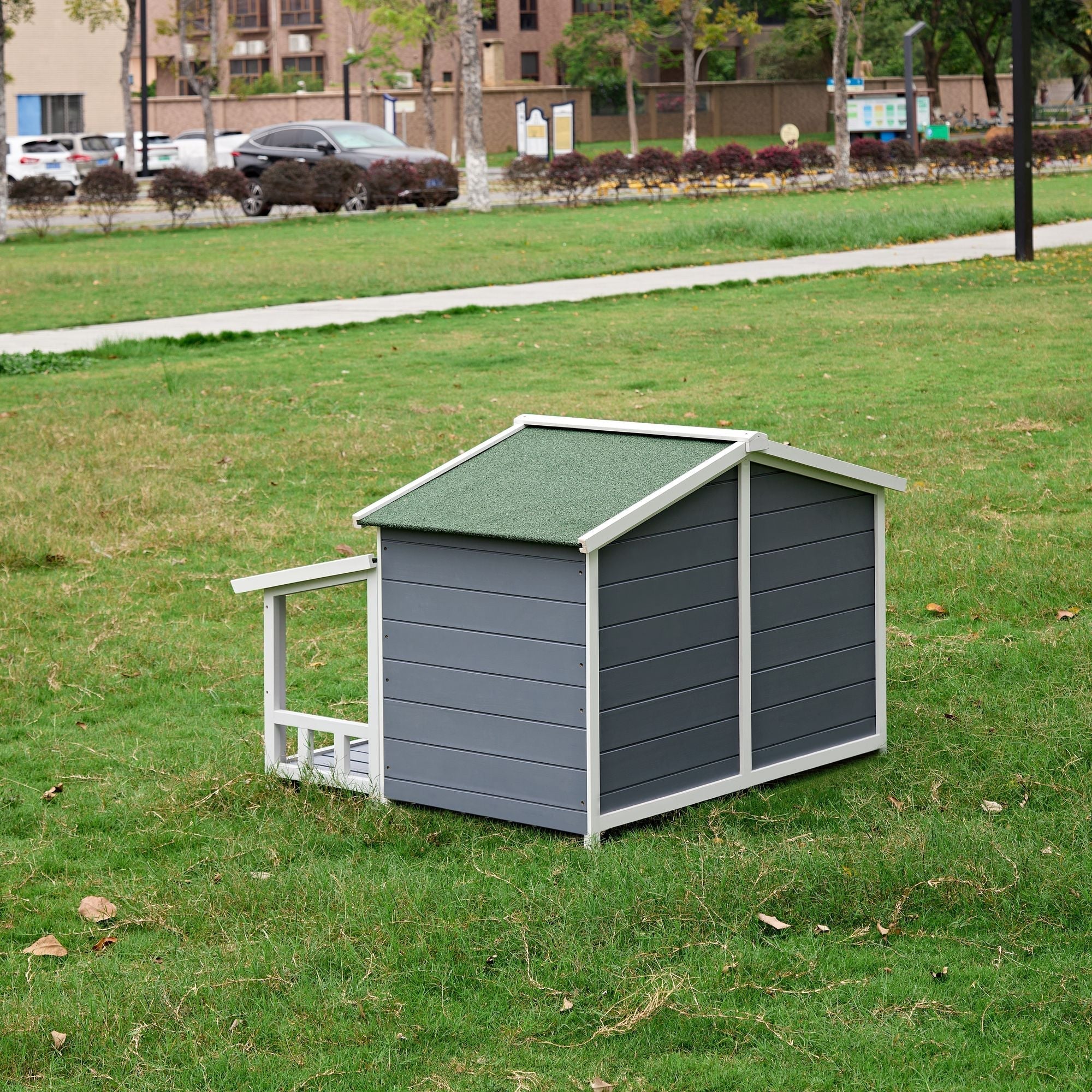 Dog House, Waterproof Dog Cage Kennel, Wooden Outdoor and Indoor Dog House, Raised Pet Kennel for Medium Dogs, Log Cabin Style with Porch,Elevated Floor,Asphalt Roof, 2 Doors