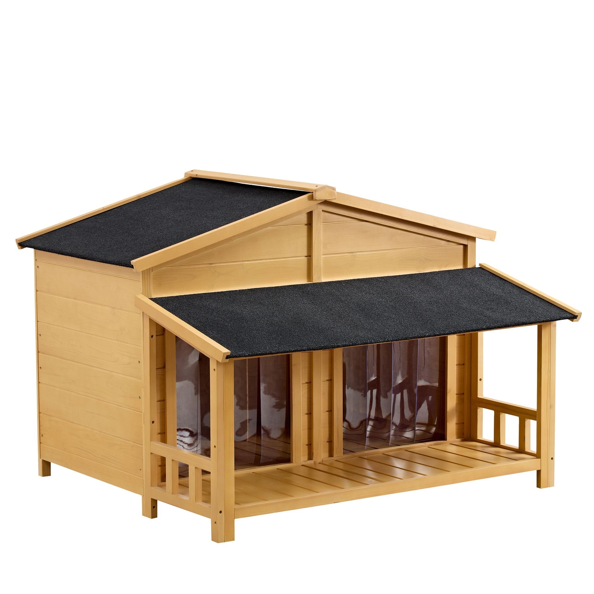 Dog House, Waterproof Dog Cage Kennel, Wooden Outdoor and Indoor Dog House, Raised Pet Kennel for Medium Dogs, Log Cabin Style with Porch,Elevated Floor,Asphalt Roof, 2 Doors