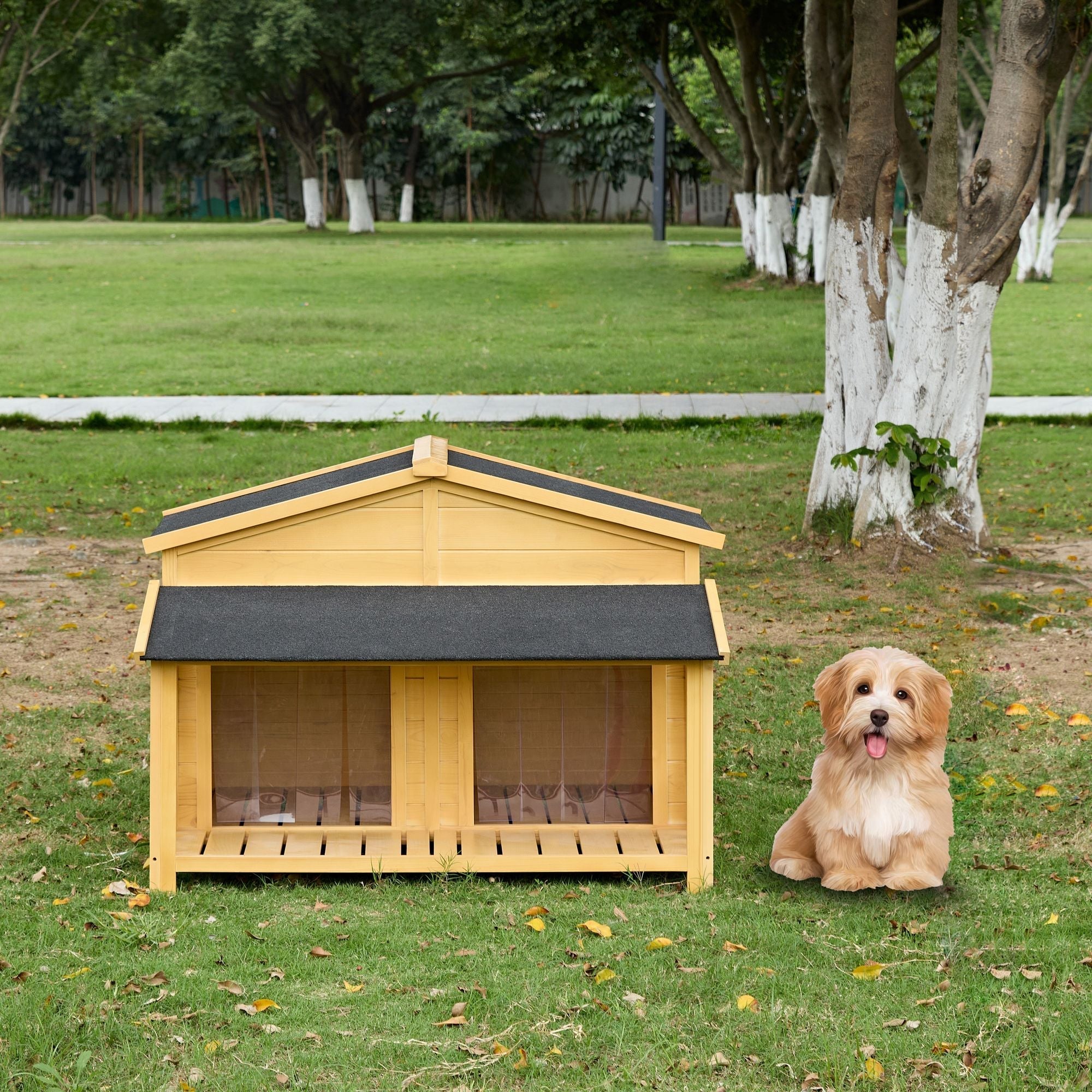 Dog House, Waterproof Dog Cage Kennel, Wooden Outdoor and Indoor Dog House, Raised Pet Kennel for Medium Dogs, Log Cabin Style with Porch,Elevated Floor,Asphalt Roof, 2 Doors
