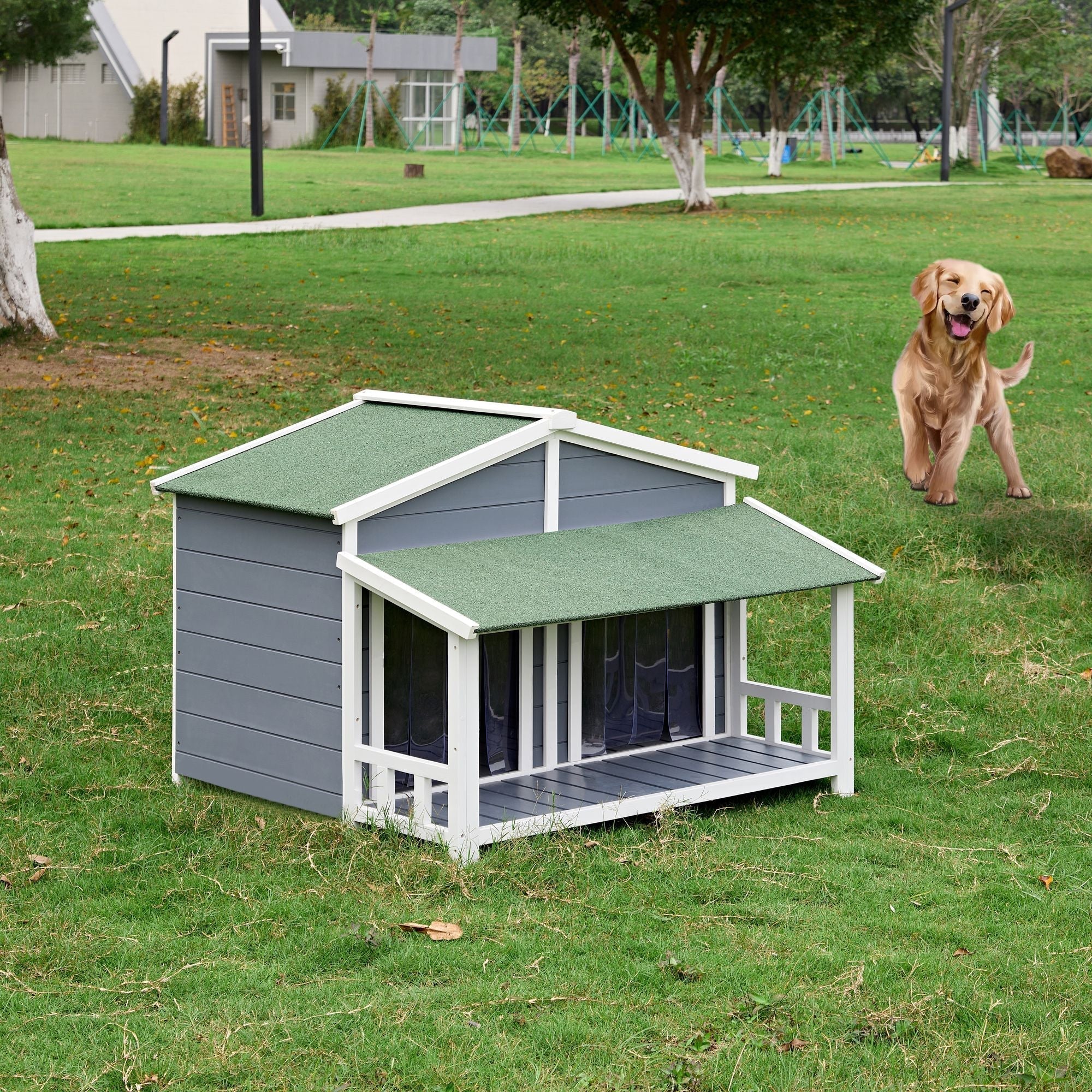 Dog House, Waterproof Dog Cage Kennel, Wooden Outdoor and Indoor Dog House, Raised Pet Kennel for Medium Dogs, Log Cabin Style with Porch,Elevated Floor,Asphalt Roof, 2 Doors