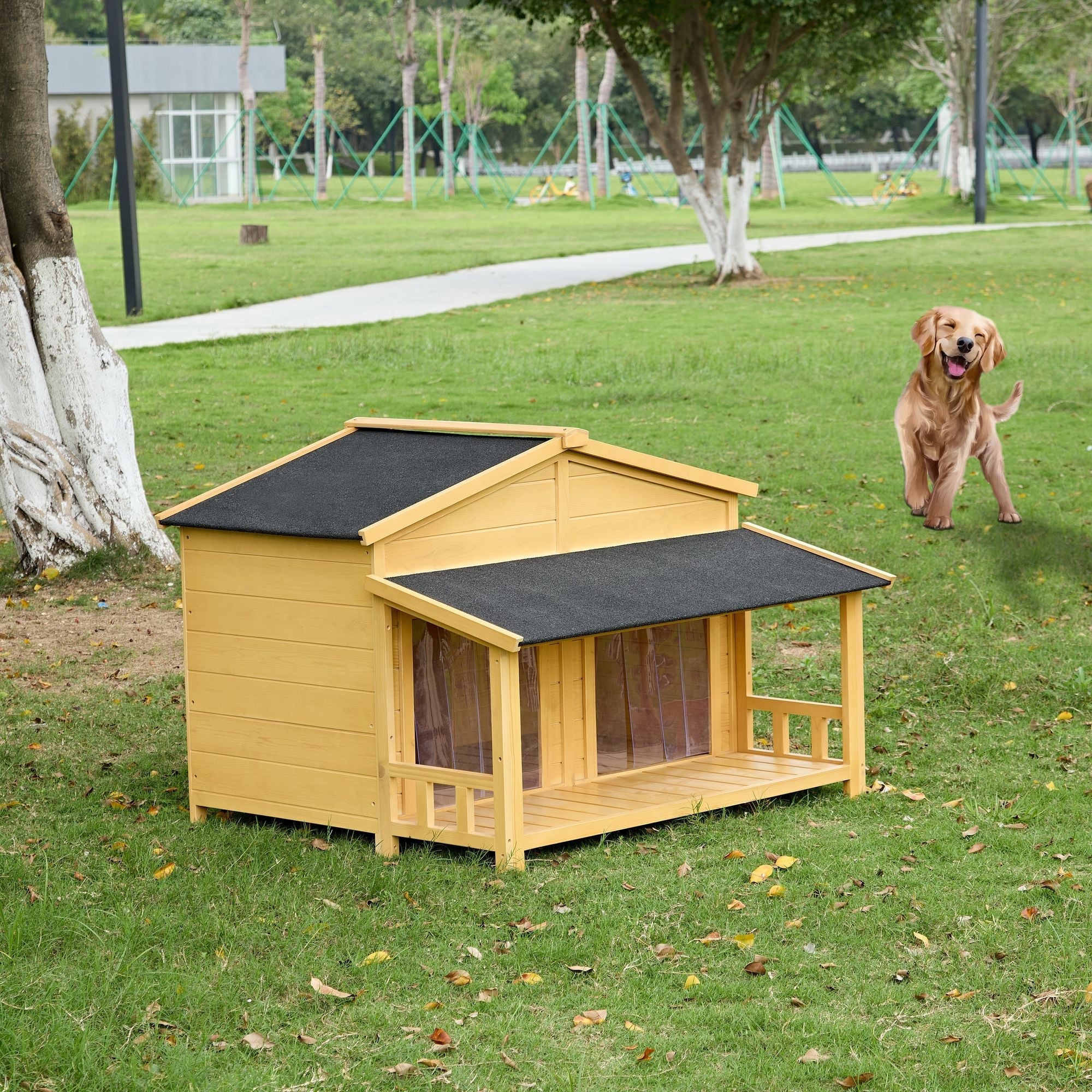 Dog House, Waterproof Dog Cage Kennel, Wooden Outdoor and Indoor Dog House, Raised Pet Kennel for Medium Dogs, Log Cabin Style with Porch,Elevated Floor,Asphalt Roof, 2 Doors