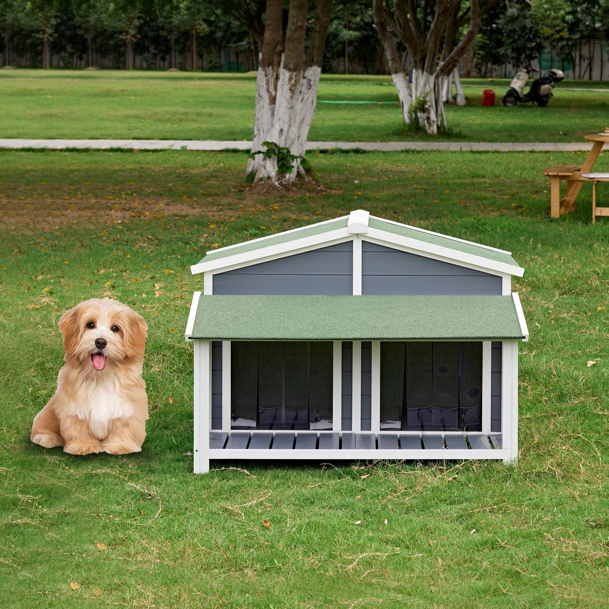 Dog House, Waterproof Dog Cage Kennel, Wooden Outdoor and Indoor Dog House, Raised Pet Kennel for Medium Dogs, Log Cabin Style with Porch,Elevated Floor,Asphalt Roof, 2 Doors