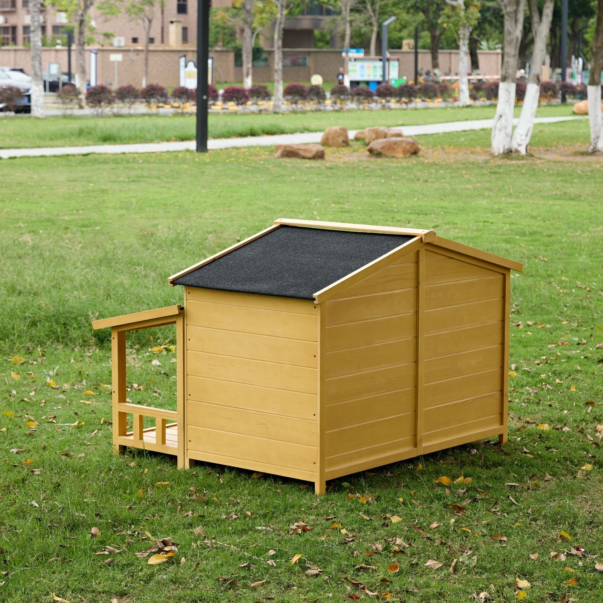 Dog House, Waterproof Dog Cage Kennel, Wooden Outdoor and Indoor Dog House, Raised Pet Kennel for Medium Dogs, Log Cabin Style with Porch,Elevated Floor,Asphalt Roof, 2 Doors