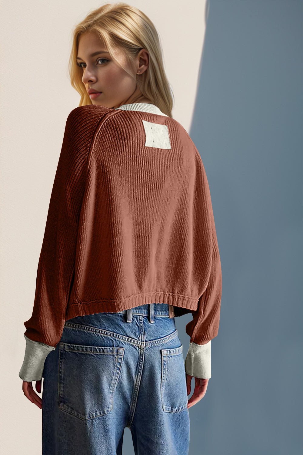 Double Take Contrast Button Up Long Sleeve Cardigan from S to XL