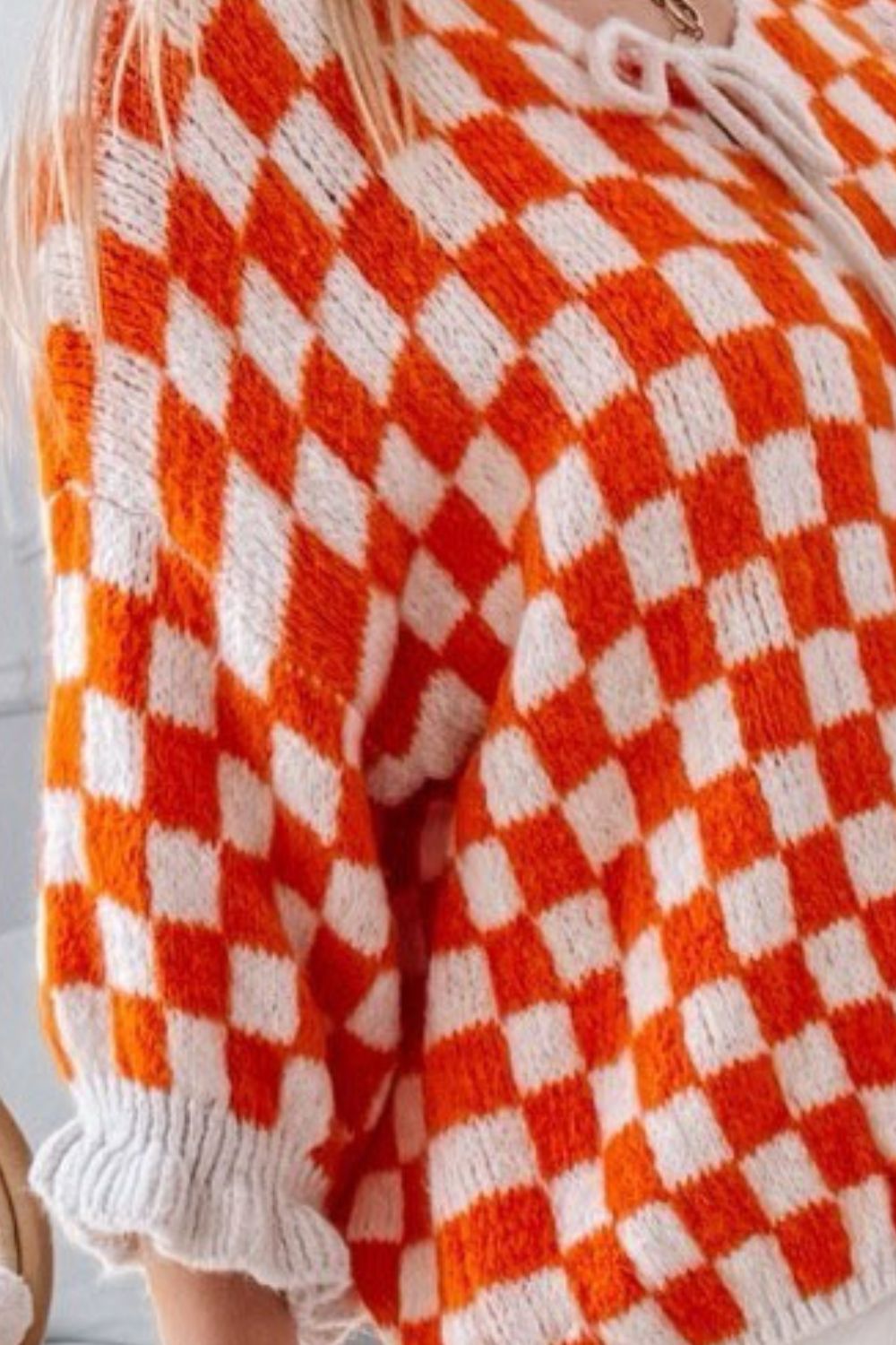 Double Take Tied Checkered Dropped Shoulder Flounce Sleeve Cardigan from S to XL