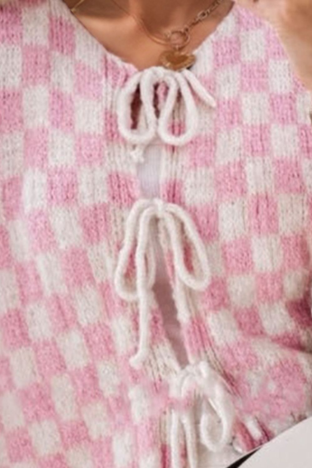 Double Take Tied Checkered Dropped Shoulder Flounce Sleeve Cardigan from S to XL