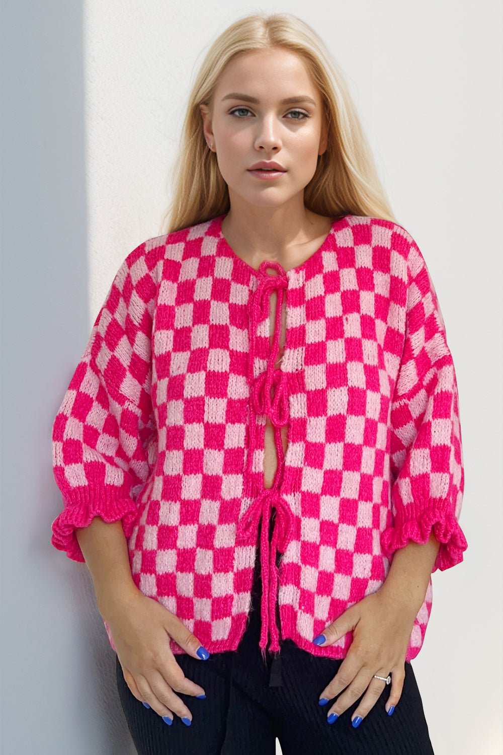 Double Take Tied Checkered Dropped Shoulder Flounce Sleeve Cardigan from S to XL