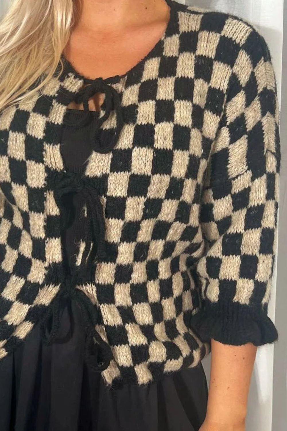 Double Take Tied Checkered Dropped Shoulder Flounce Sleeve Cardigan from S to XL