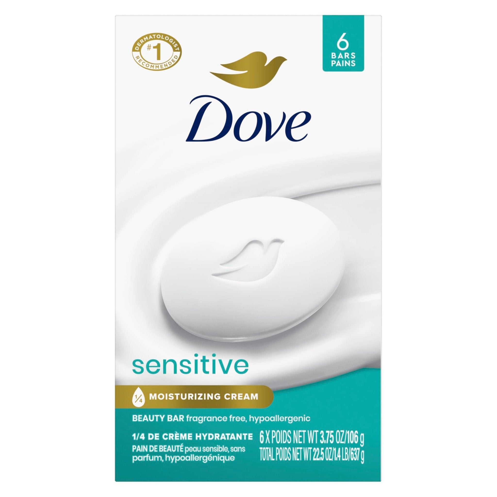 Dove Beauty Bar Soap Sensitive, 8 Bars for Sensitive Skin, Fragrance Free and Hypoallergenic 3.75 oz