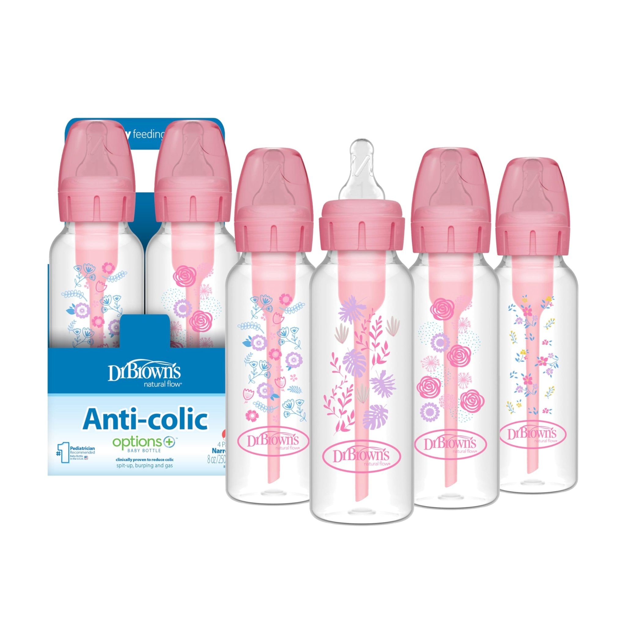 Dr. Brown's Natural Flow Anti-Colic Options+ Narrow Baby Bottle, 8 oz/250 mL, with Level 1 Slow Flow Nipples, 0m+, 4 Pack