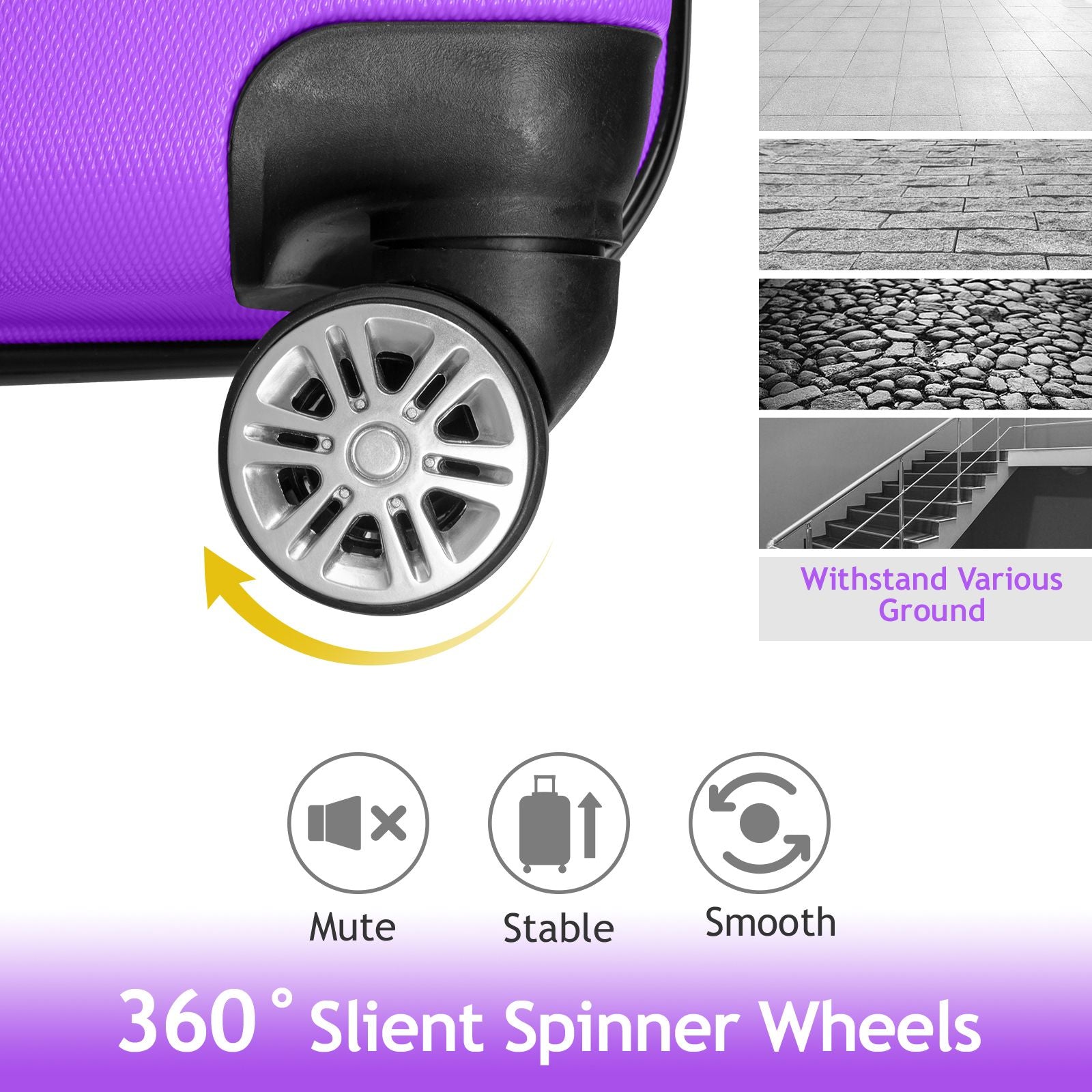 7DAY'S Trolley 3-Piece Suitcase Set, Carry-On Suitcase Set Hard Shell Lightweight Spinner with TSA Lock, Purple, Green, Yellow, Blue