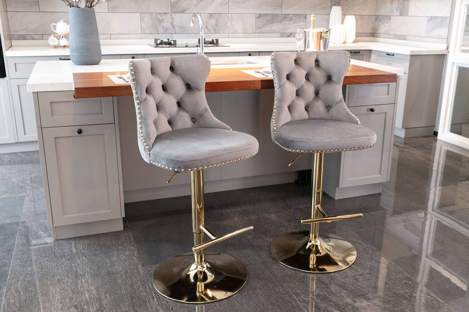 Furniture,Golden Swivel Velvet Barstools Adjusatble Seat Height from 25-33 Inch, Modern Upholstered Bar Stools with Backs Comfortable Tufted for Home Pub and Kitchen Island