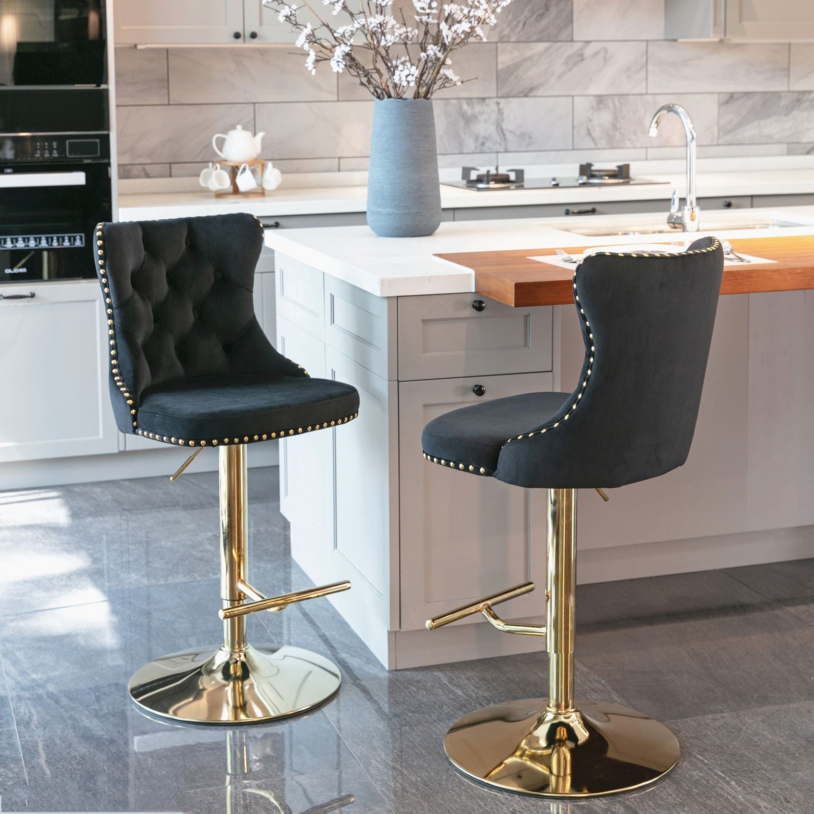 Furniture,Golden Swivel Velvet Barstools Adjusatble Seat Height from 25-33 Inch, Modern Upholstered Bar Stools with Backs Comfortable Tufted for Home Pub and Kitchen Island