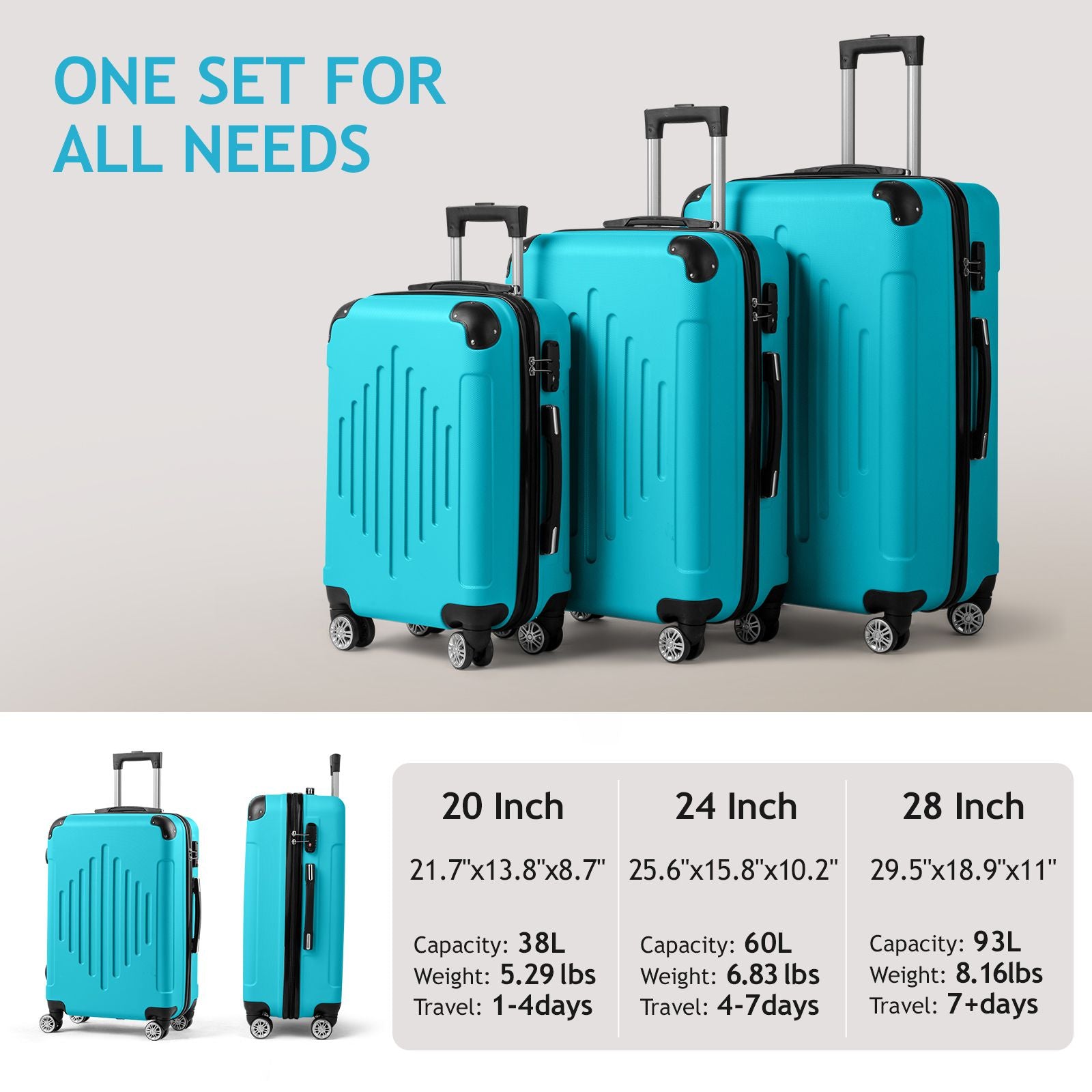 7DAY'S Trolley 3-Piece Suitcase Set, Carry-On Suitcase Set Hard Shell Lightweight Spinner with TSA Lock, Purple, Green, Yellow, Blue