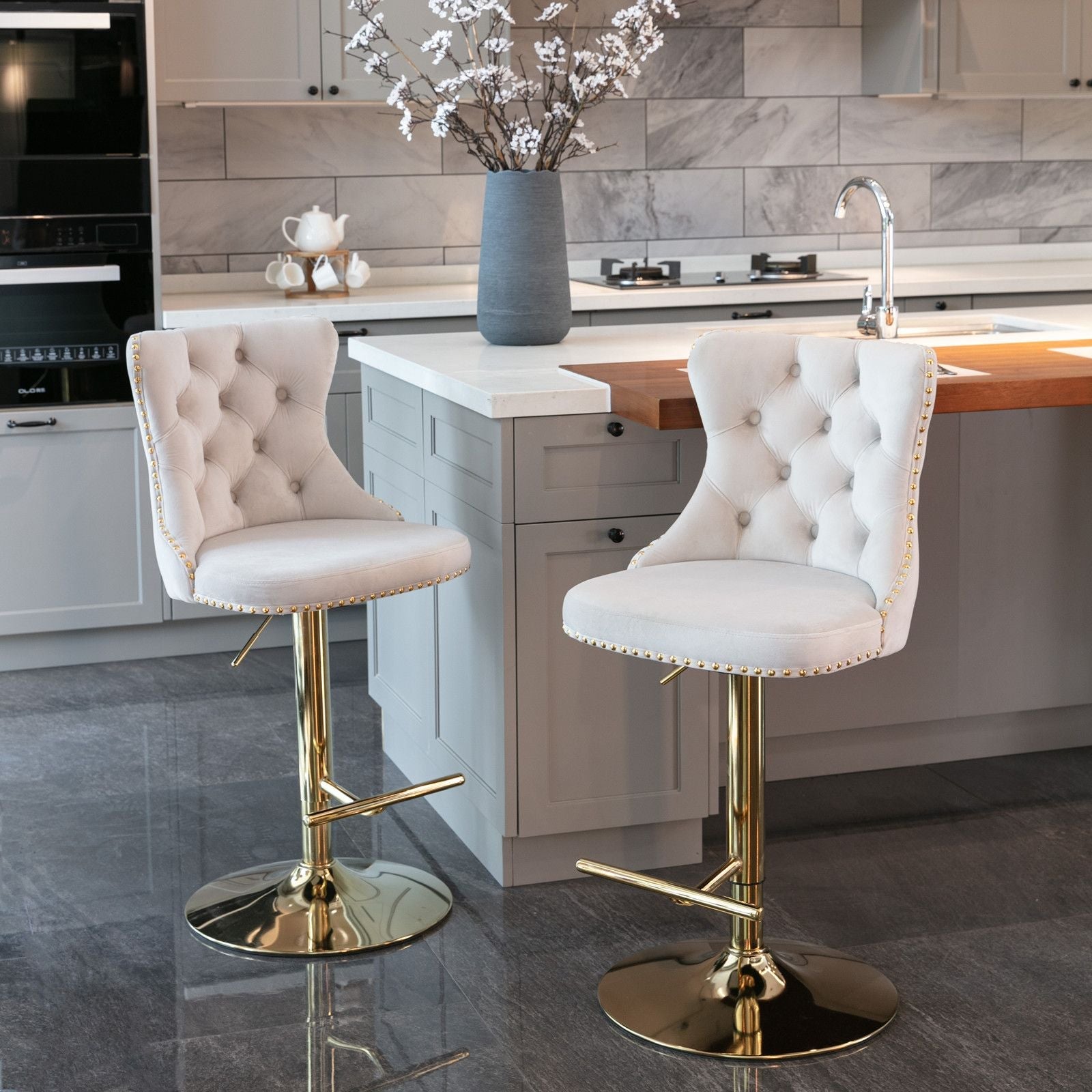 Furniture,Golden Swivel Velvet Barstools Adjusatble Seat Height from 25-33 Inch, Modern Upholstered Bar Stools with Backs Comfortable Tufted for Home Pub and Kitchen Island