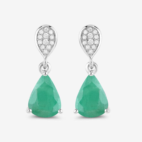 2.28 Carat Genuine Zambian Emerald and White Diamond 10K White Gold Earrings