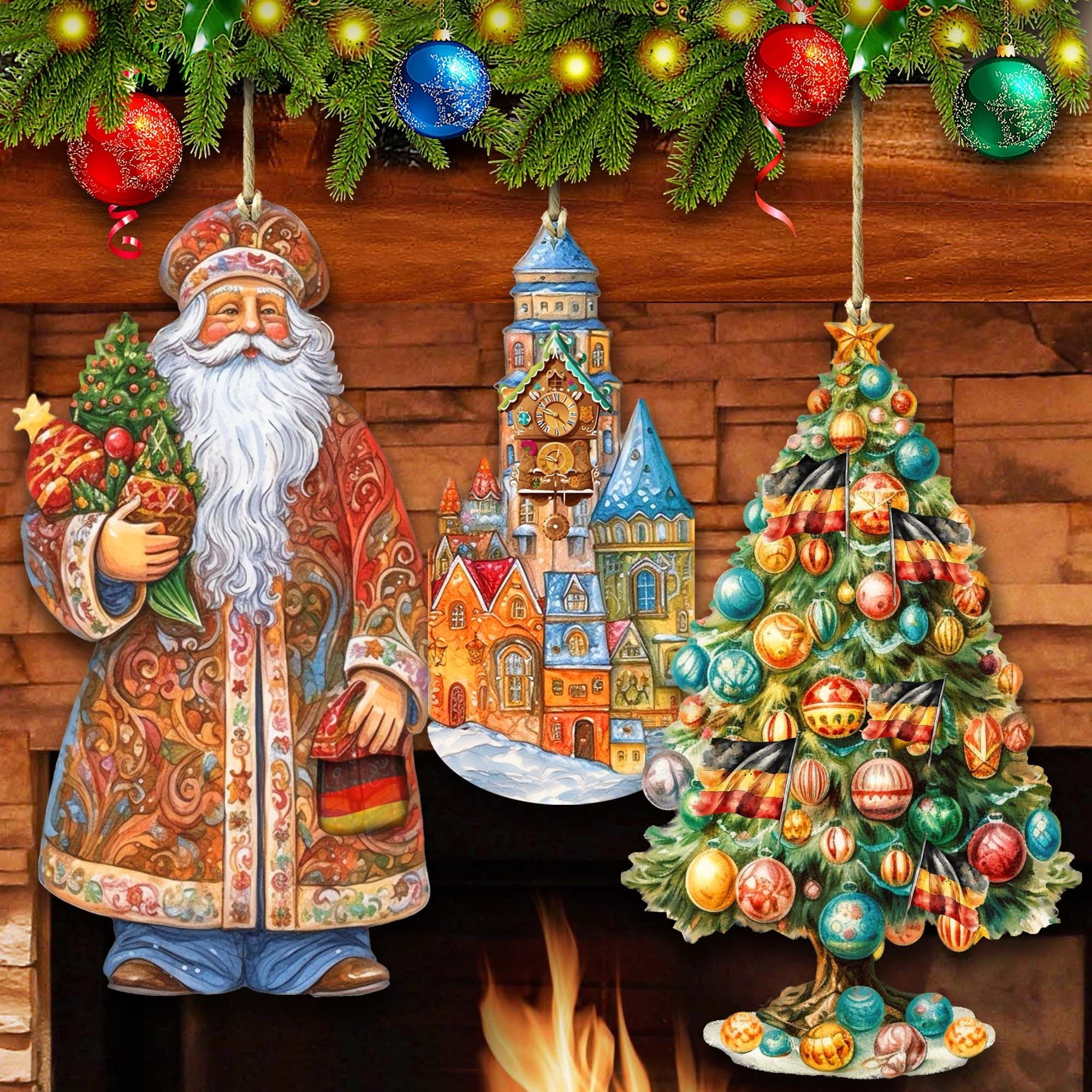 Santas Around the World - German Inspired Santa - Wooden Ornaments Set of 3 by G. DeBrekht Christmas Santa Snowman Decor - 8091304S3