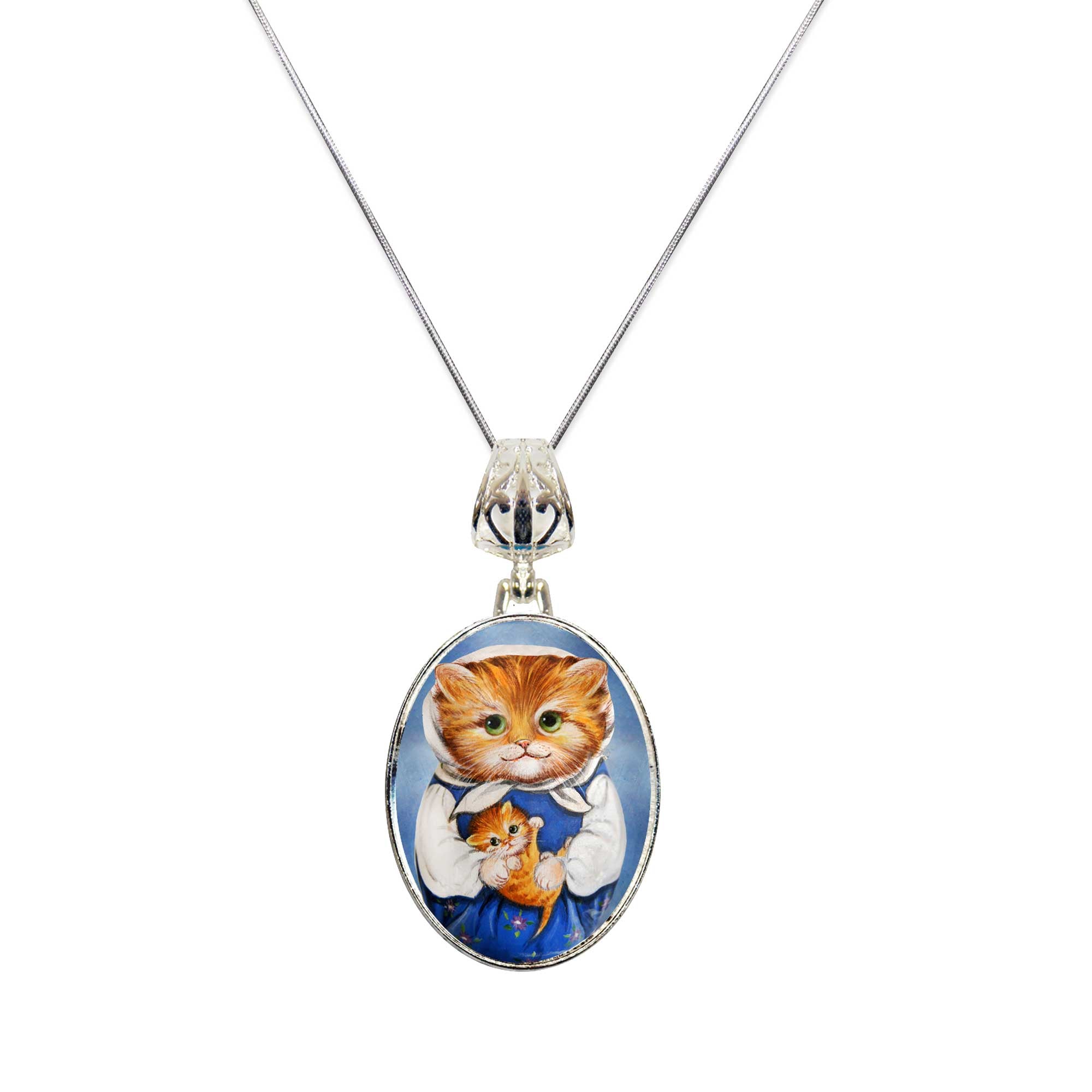 Mother Cat Silver Plated Mother of Pearl Jewelry Pendant Necklace - 44039O
