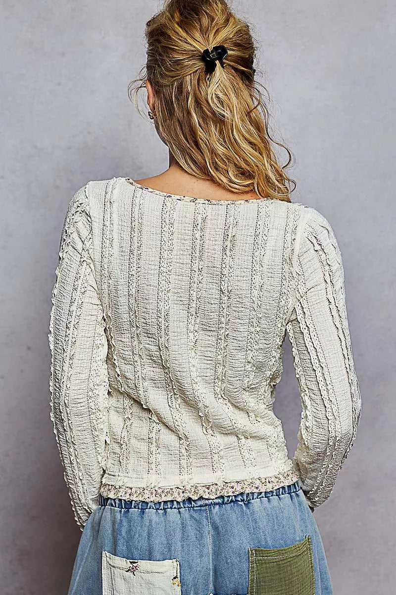 POL Texture Long Sleeve Blouse with Floral Ruffled