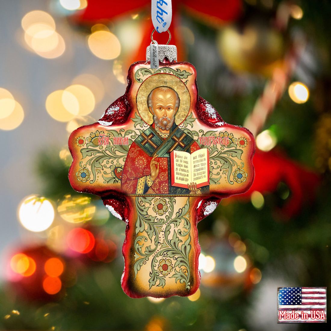 Saint Nicholas Icon Cross Glass Ornament by G. DeBrekht - Nativity Holiday Decor - 758-004