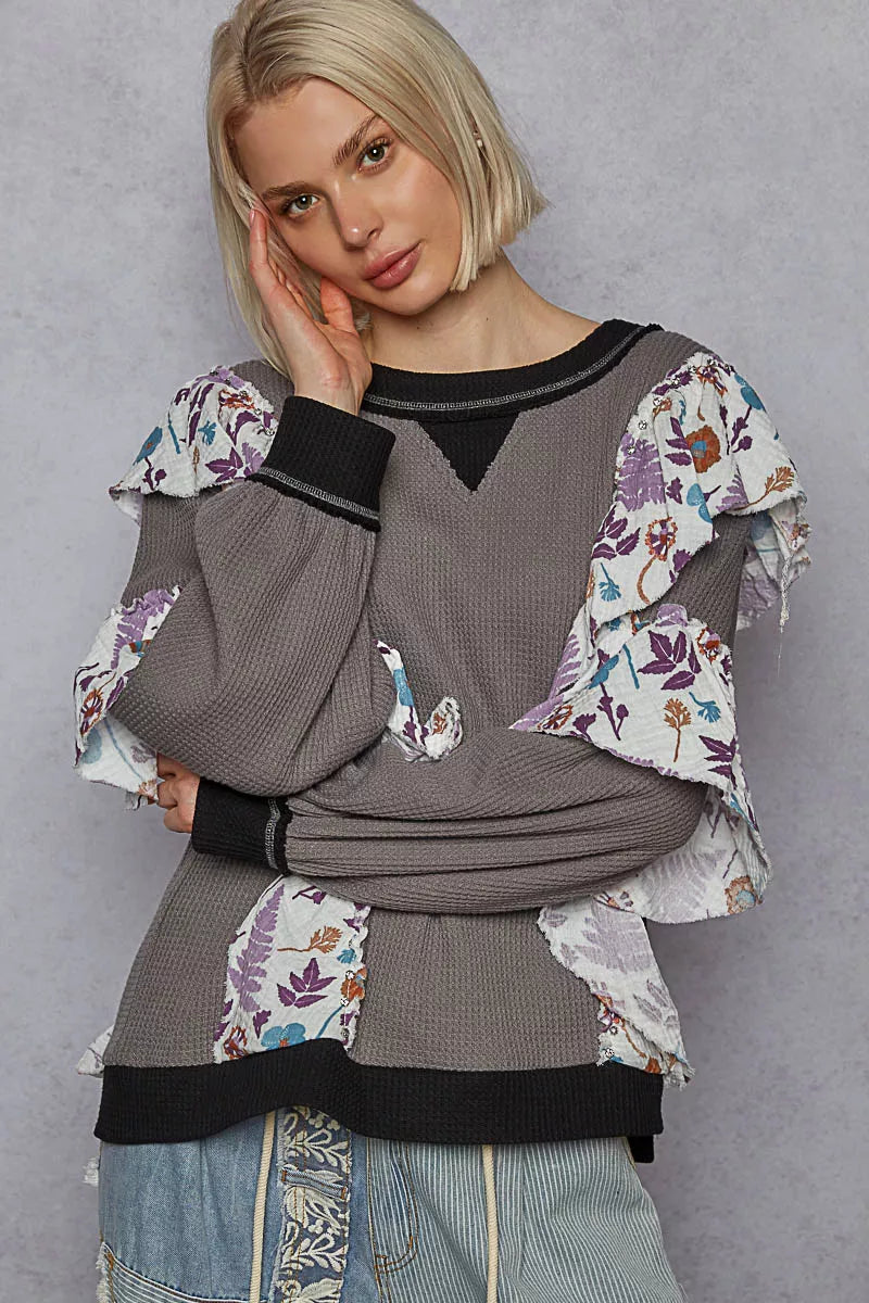 POL Round Neck Sweater with Floral Ruffle Detail