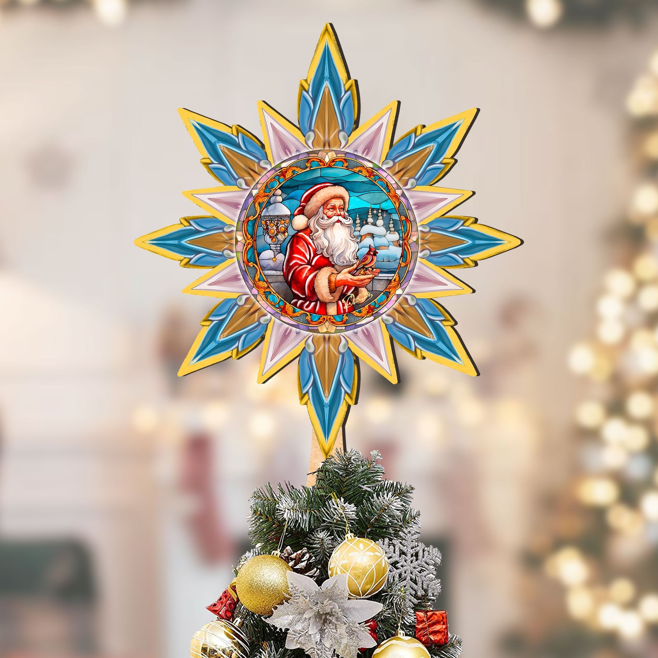 Santa with Cardinal Star Tree Topper Wooden Decor by G. Debrekht - Santa Snowman Decor - 89507