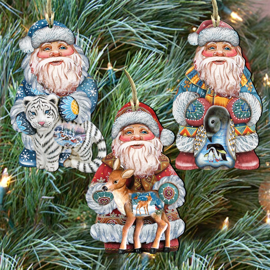 Wild Adventure Santa Wooden Ornaments Set of 3 by G. DeBrekht - Christmas Santa Snowman Decor - 8100009S3