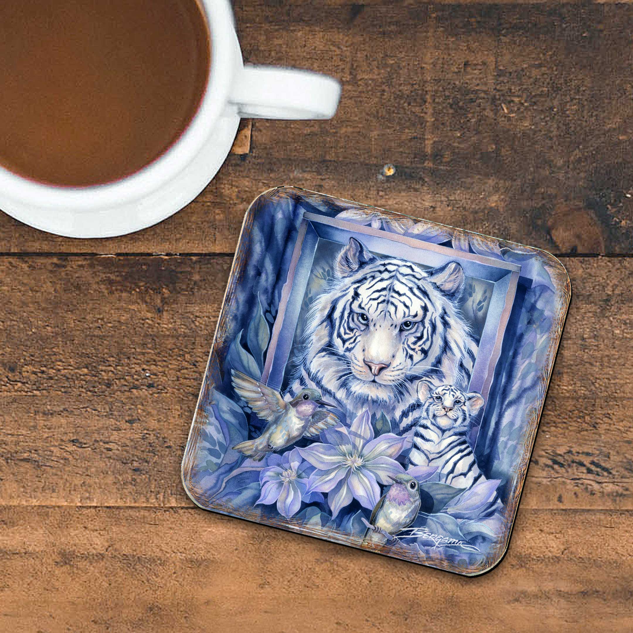 Tiger in the Garden Wooden Cork Coasters Gift Set of 4 by J. Bergsma - Wildlife Decor  - 8199461C-S4