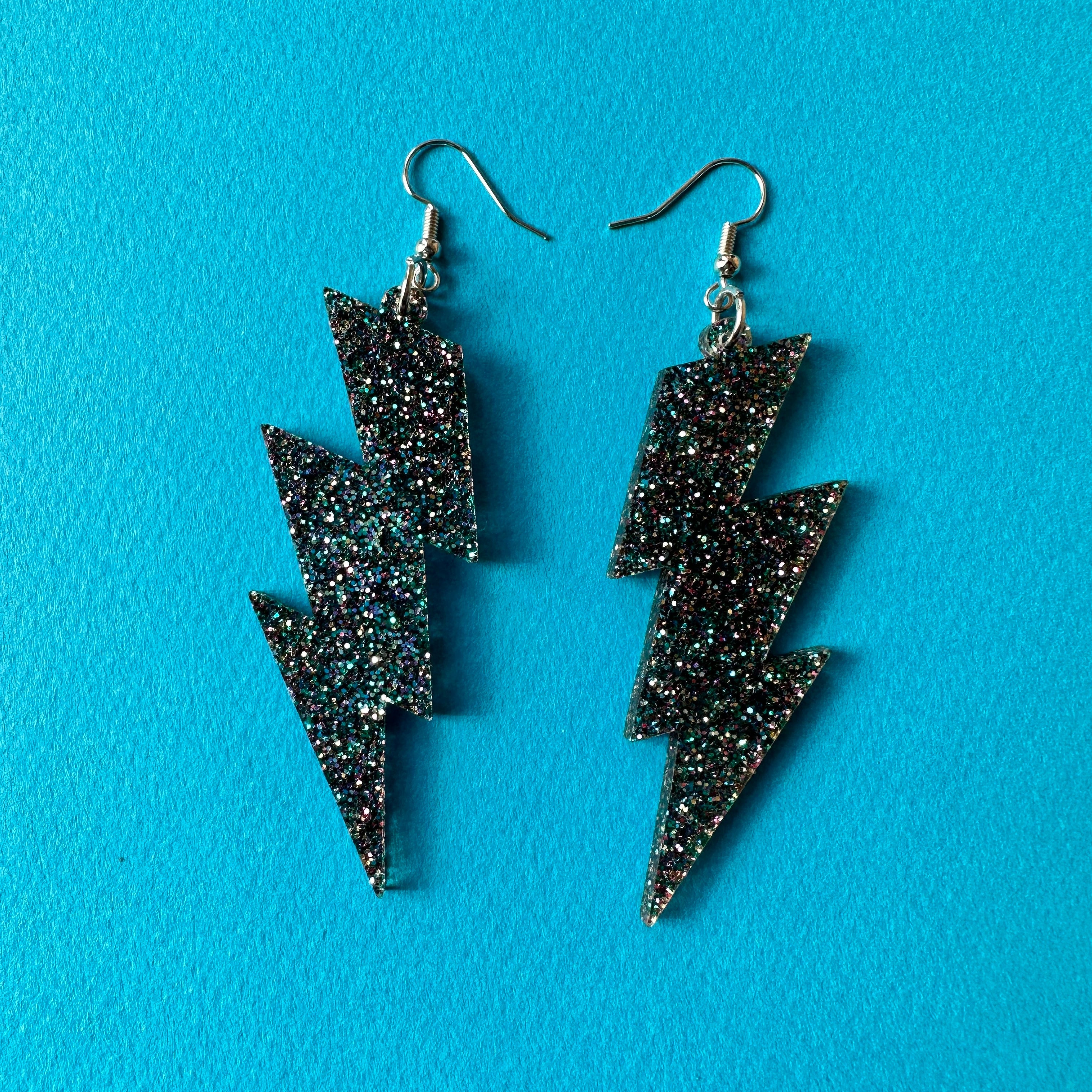 Thunderbolt Earrings - Black Glitter by BOBBYK