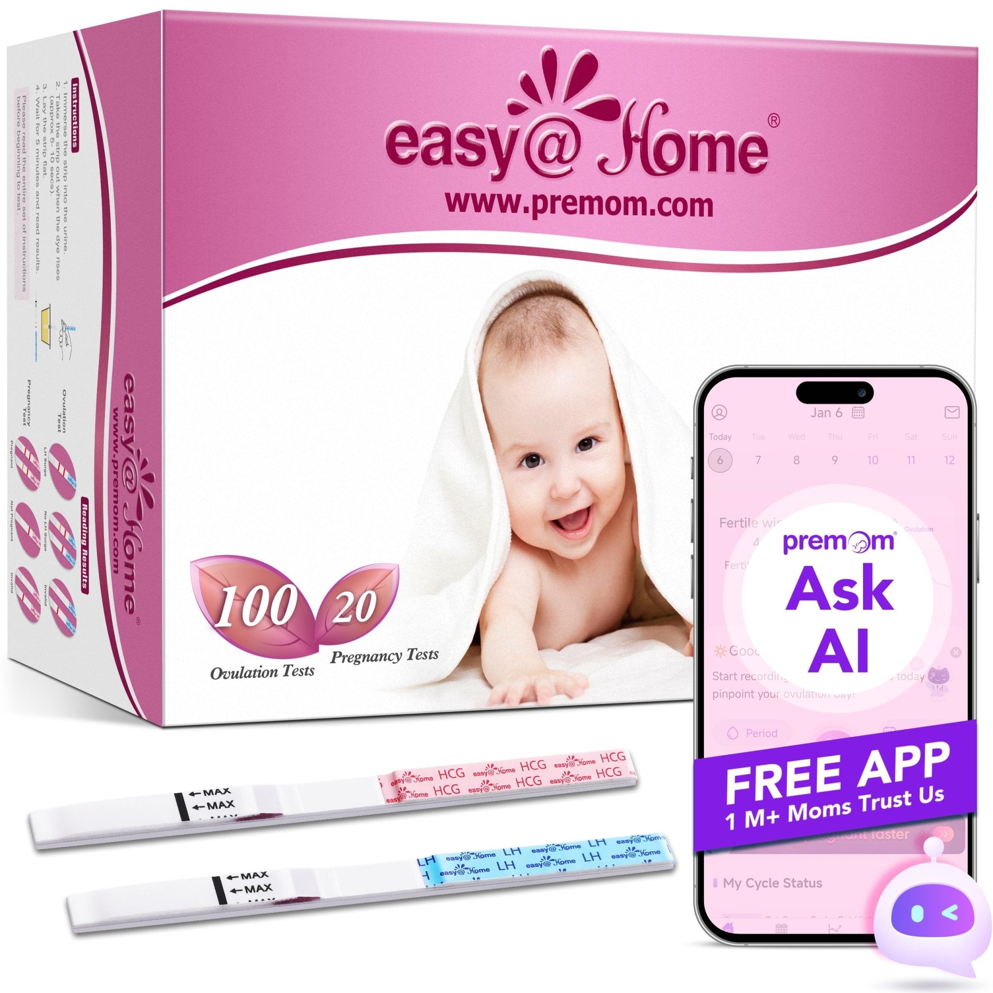 Easy@Home 50 Ovulation Test Strips and 20 Pregnancy Test Strips Combo Kit, (50 LH + 20 HCG)-Package May Vary