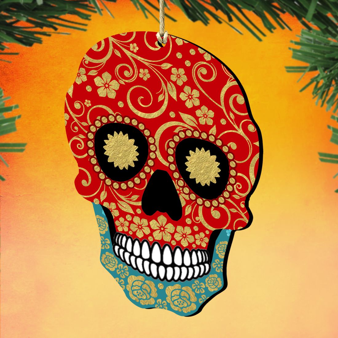 Day of the Dead Decorated Skull Wooden Ornaments by G. DeBrekht - Thanksgiving Halloween Decor - 8198443-2
