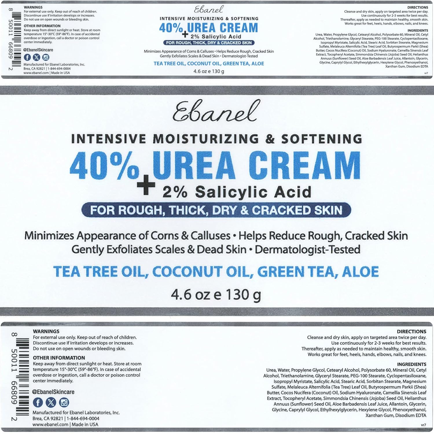 Ebanel Urea Cream 40% plus Salicylic Acid 2%, Foot Cream for Dry Cracked Heels Feet Knees Elbows Hands, Foot Dead Skin Cuticle Callus Remover Toenail Softener, Keratolytic Skin Barrier Repair