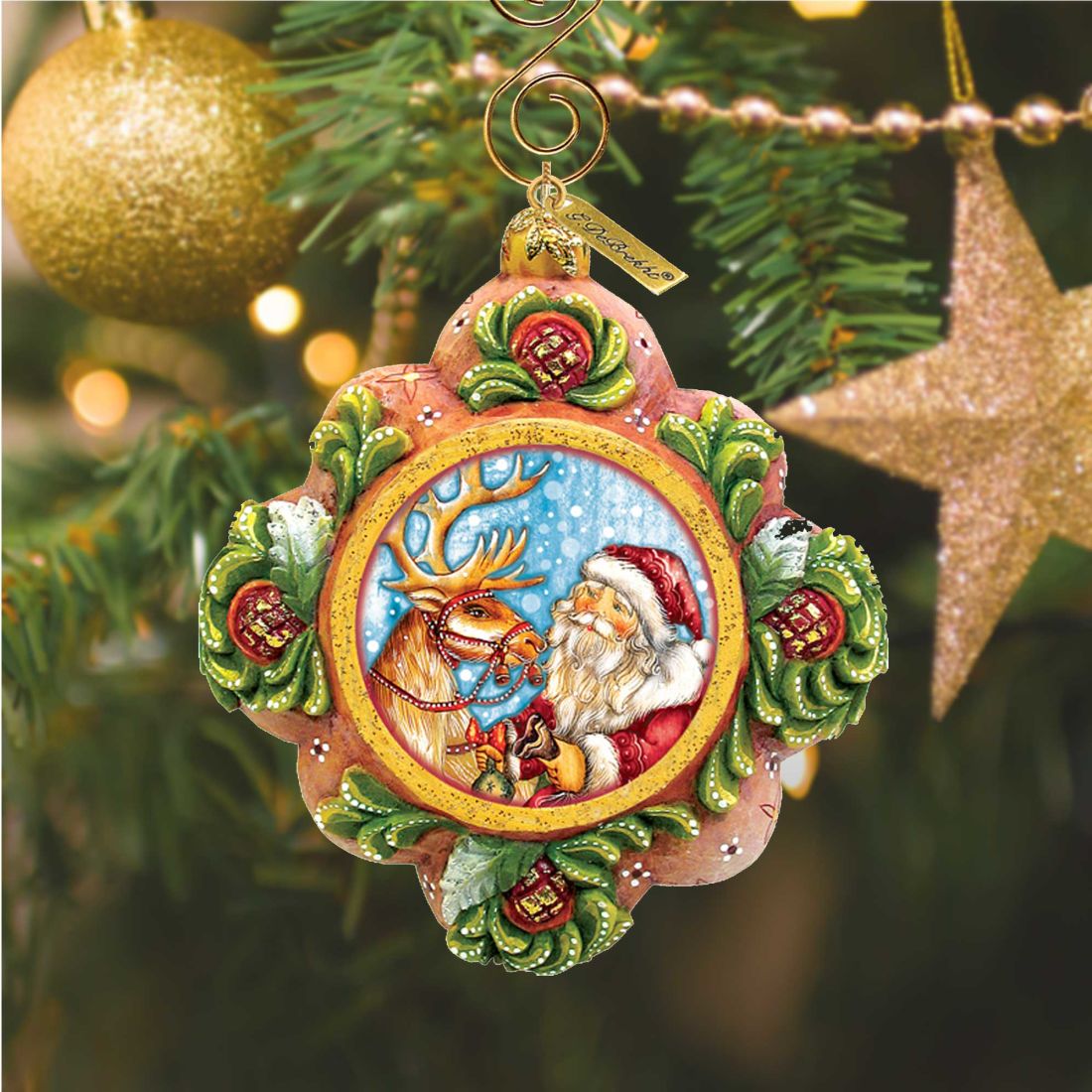 Santa with Reindeer Sculpted Hand-Painted Christmas Ornament by G. DeBrekht - Christmas Santa Snowman Decor - 6102542