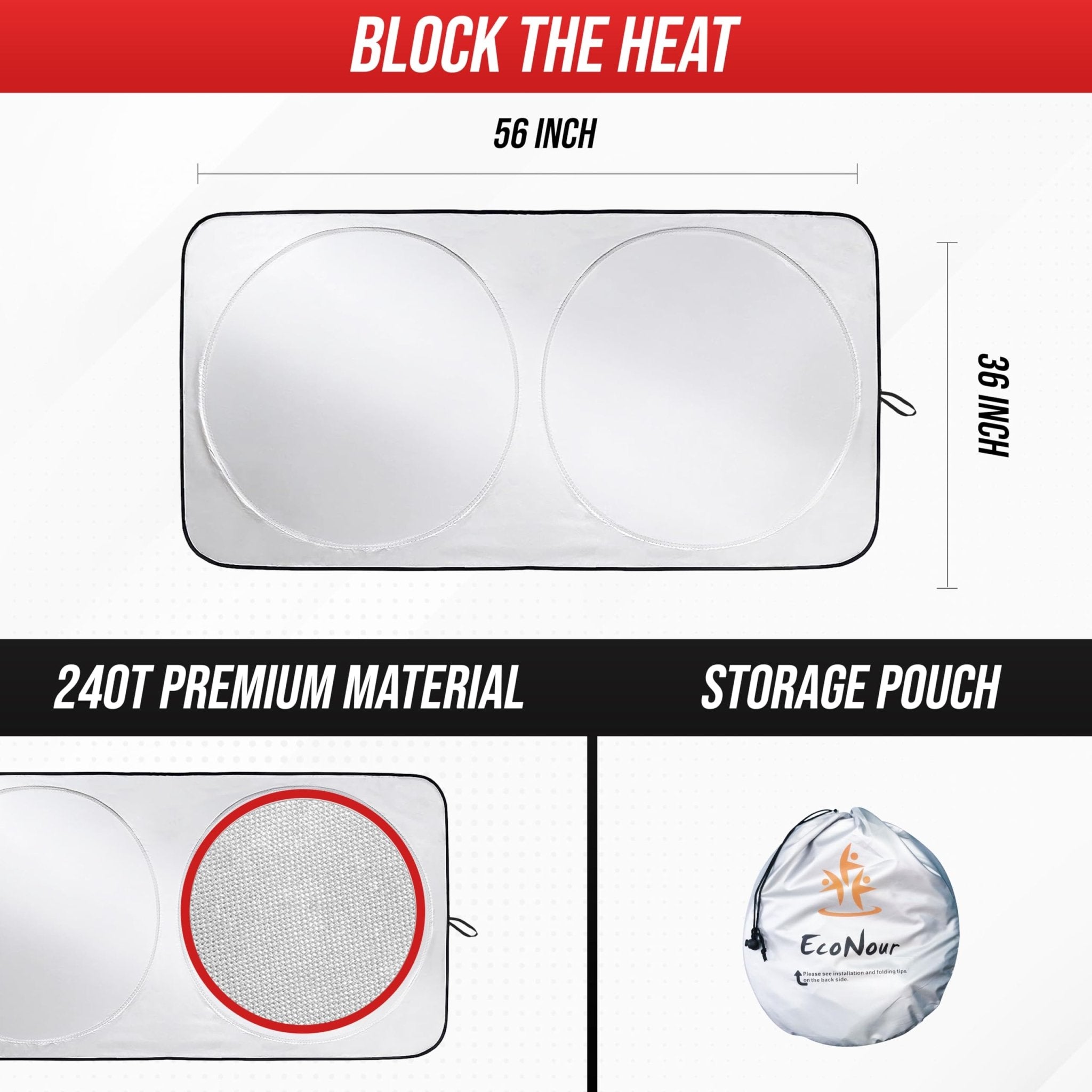 EcoNour Patented Design for Car Windshield Sun Shade | Blocks 99% Heat and Keep Interior Cool | Fits Cars, SUV, Truck | Automotive Sun Screen,Visor and Summer Vehicle Accessories | Medium (64x32)