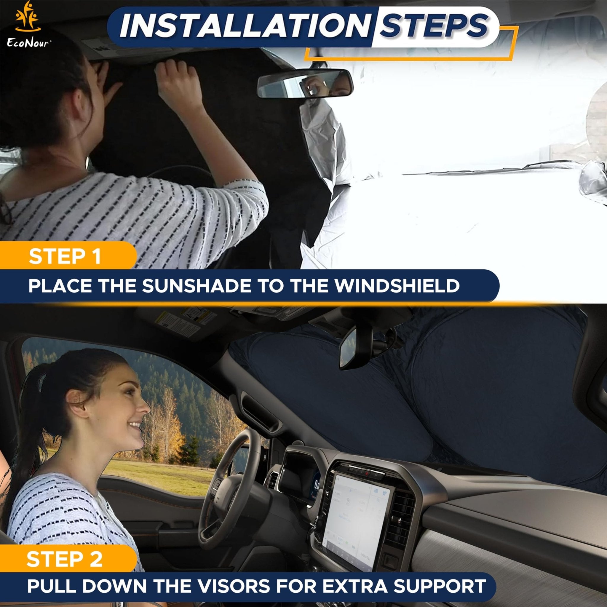 EcoNour Patented Design for Car Windshield Sun Shade | Blocks 99% Heat and Keep Interior Cool | Fits Cars, SUV, Truck | Automotive Sun Screen,Visor and Summer Vehicle Accessories | Medium (64x32)