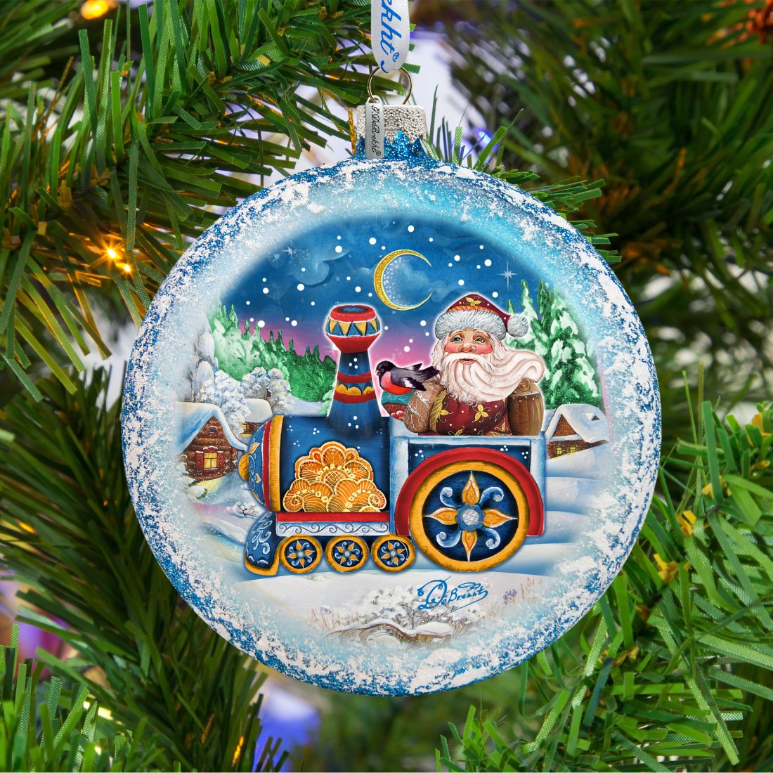 Santa Express Glass Ornament by G. DeBrekht - Christmas Santa Snowman Decor - 744-040