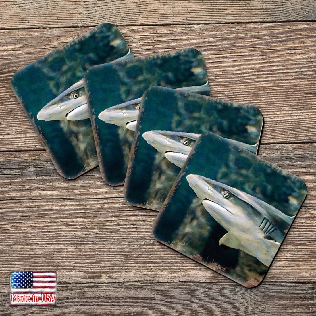 Shark Coastal Wooden Cork Coasters Gift Set of 4 by Nature Wonders - Coastal Sea-Life Decor - 95324C-S4