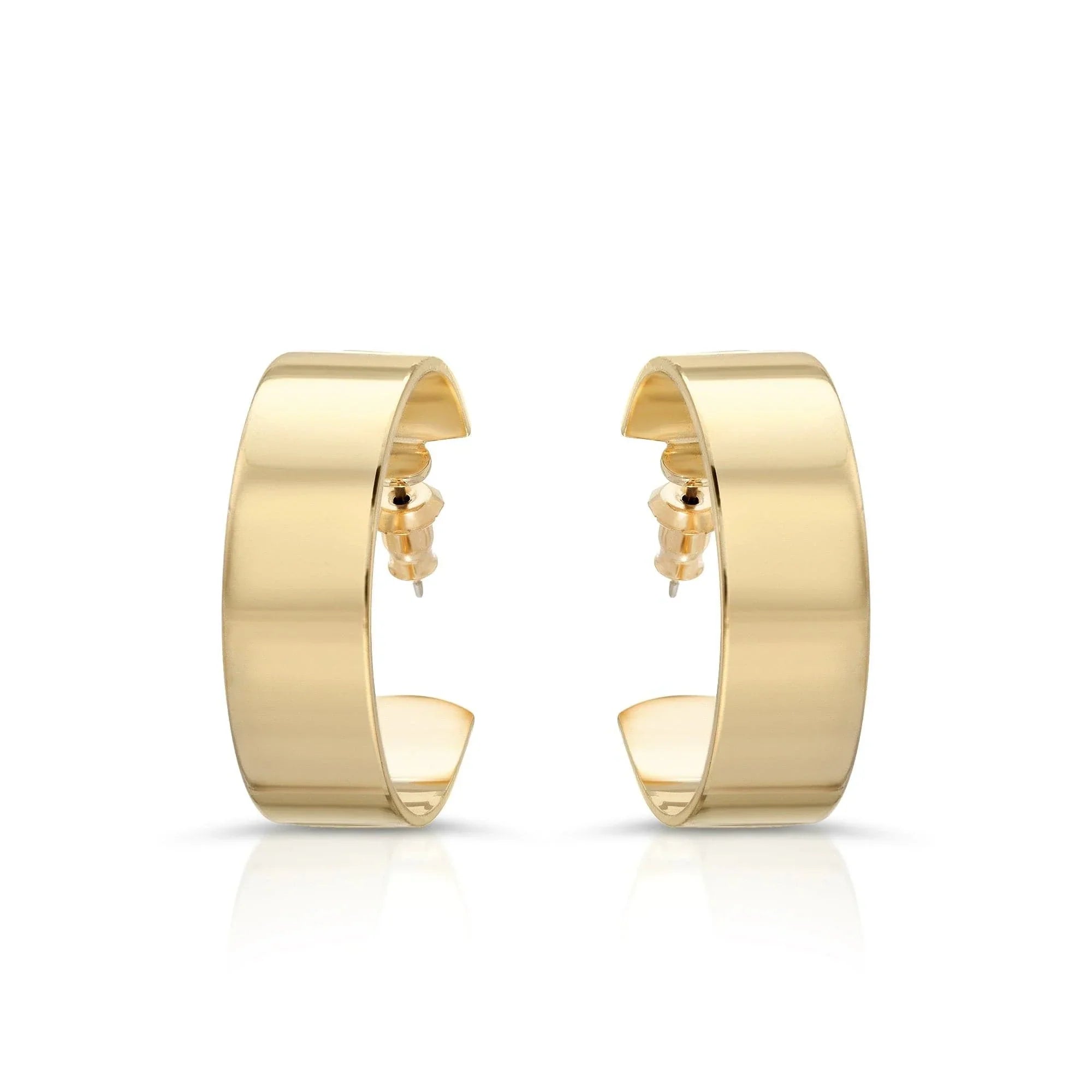 Shiny gold Skylar Hoops earrings showing off their stylish 1-inch size