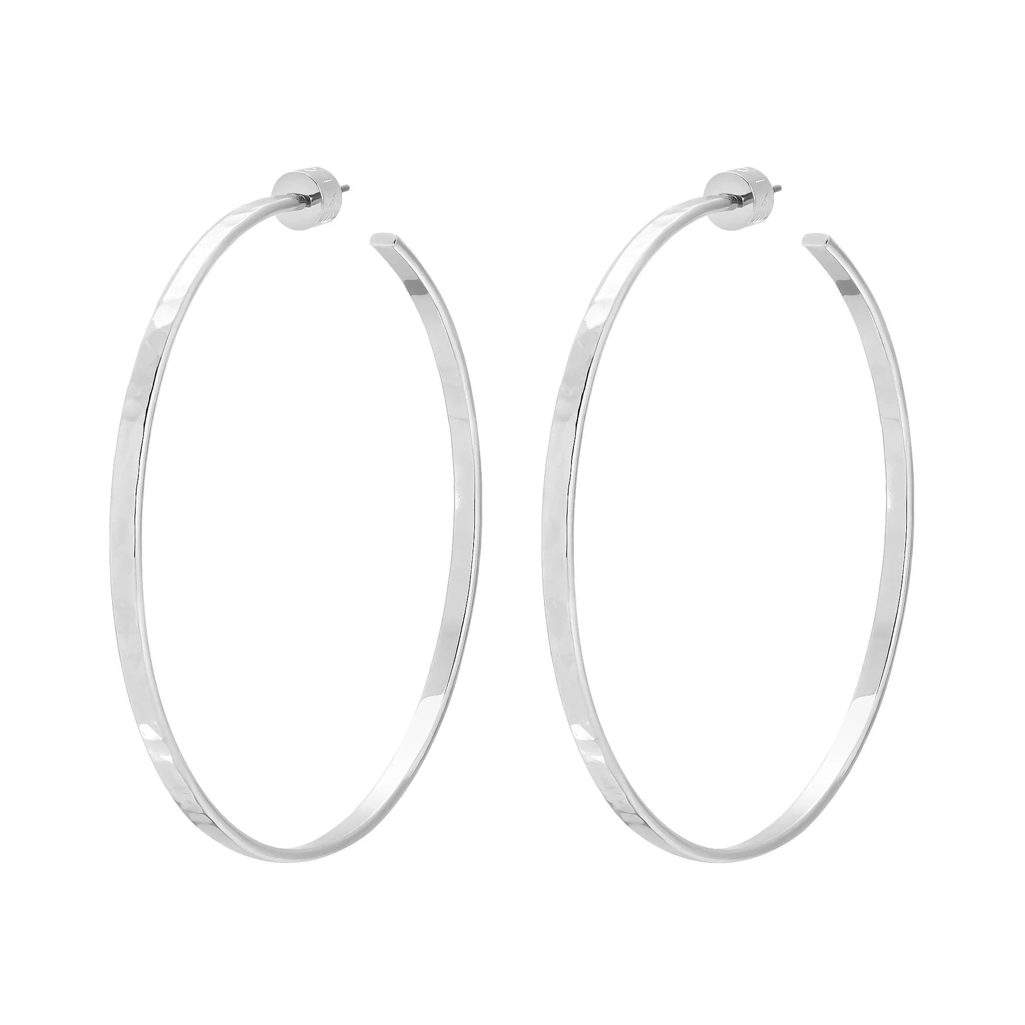 Silver hammered hoop earrings shown in the 2.5 inch Pair of Silver Hoop Earrings product