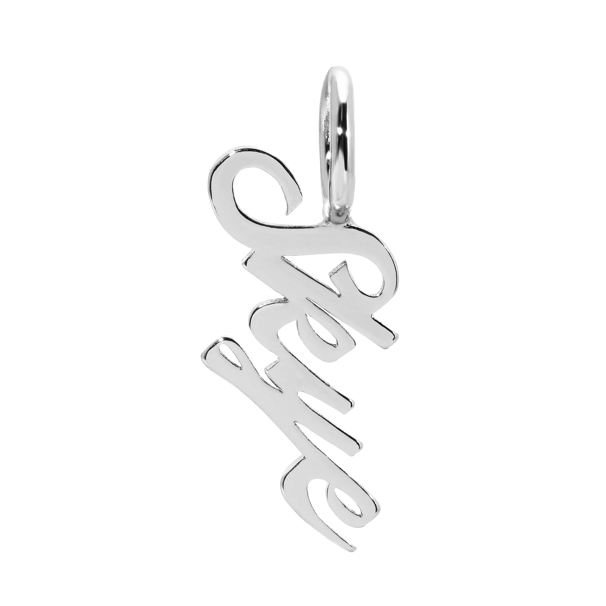 Silver Love pendant displayed on the Custom Script Name Pendant product