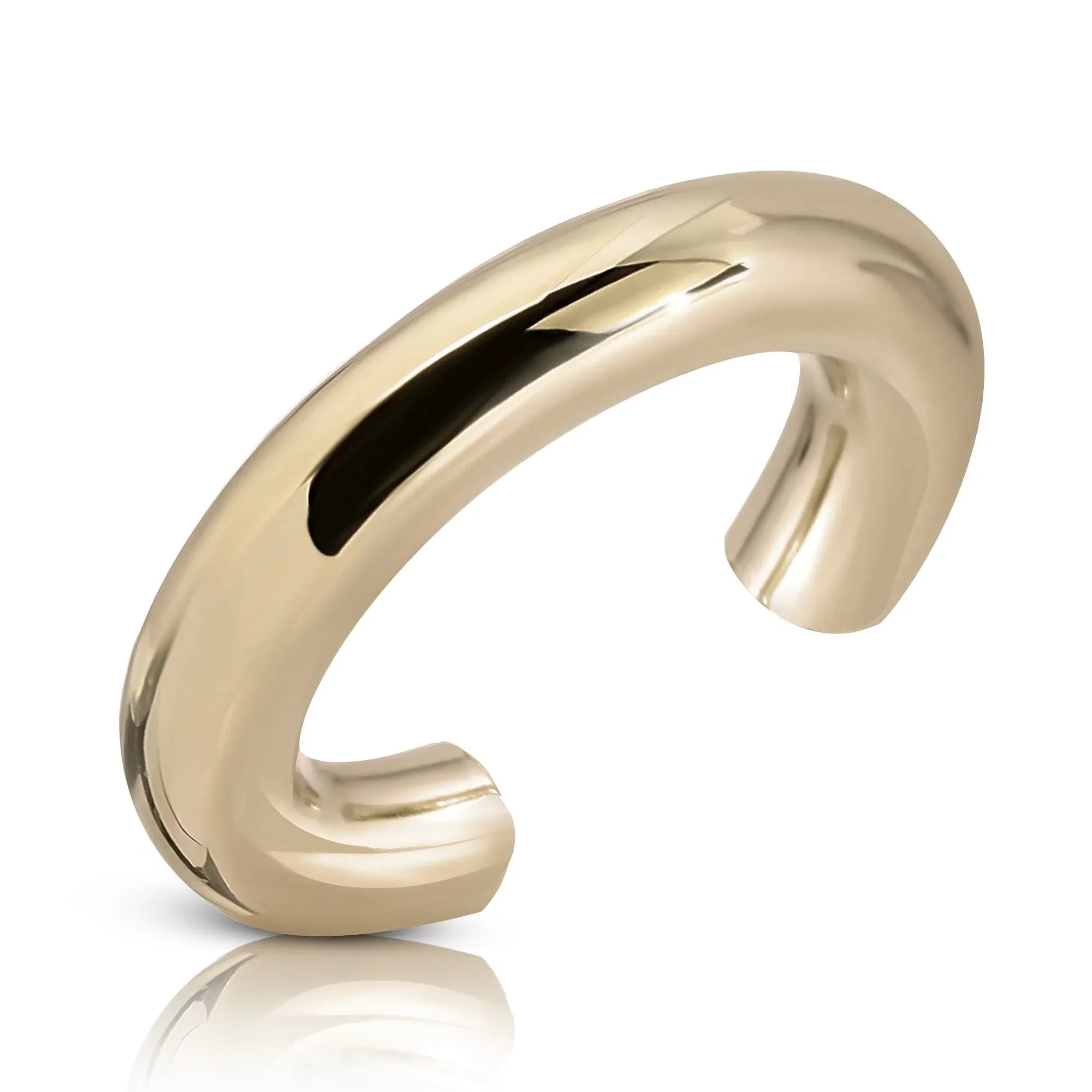 Shiny gold Zo Ear Cuff hanging stylishly on ear for a trendy look