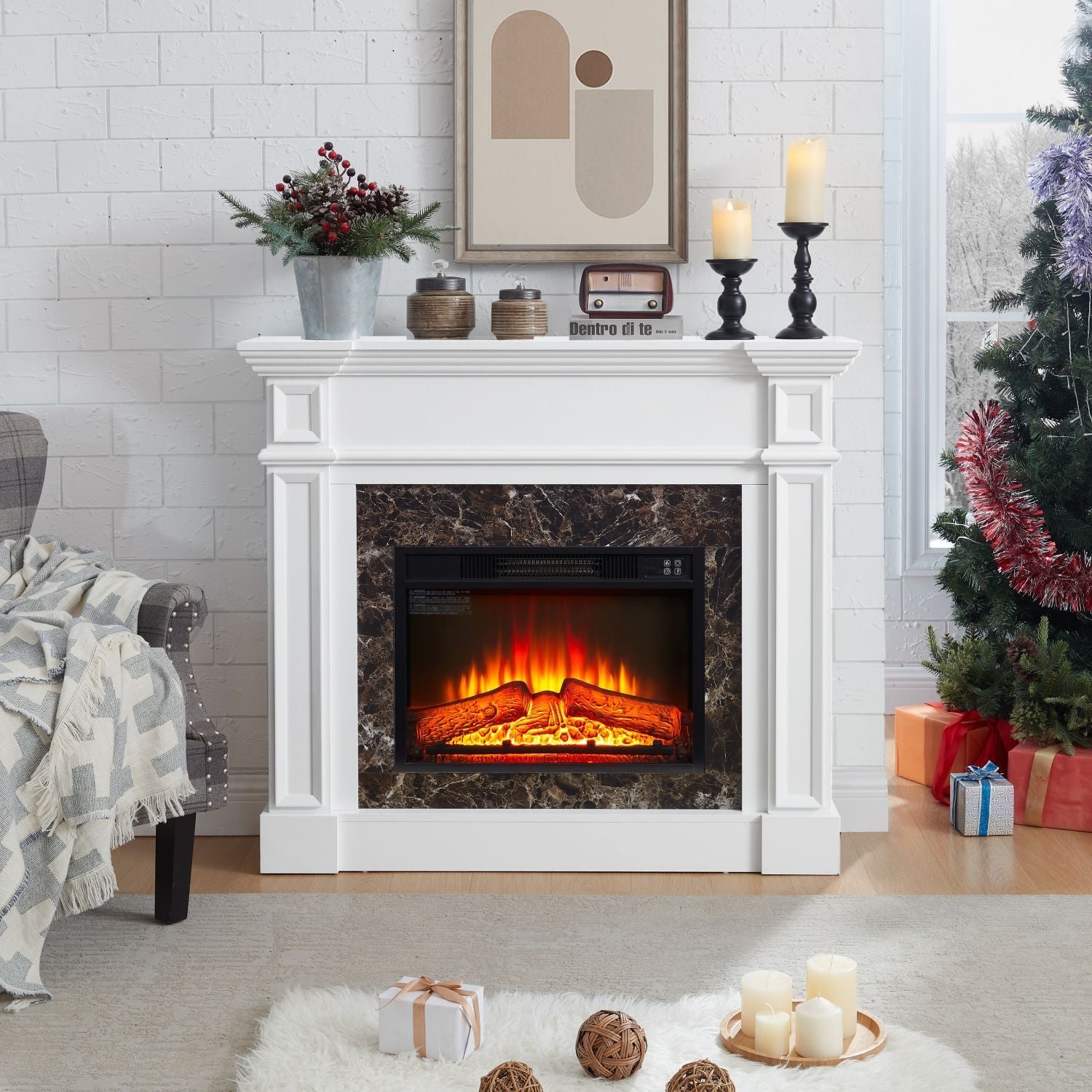 Electric Fireplace with Mantel, Fireplace Mantel, Fireplace Heater Freestanding, Realistic Stacked Stone Surround with Remote Control Timer LED Flame, White, 45.66"W*11.8"D*40"H